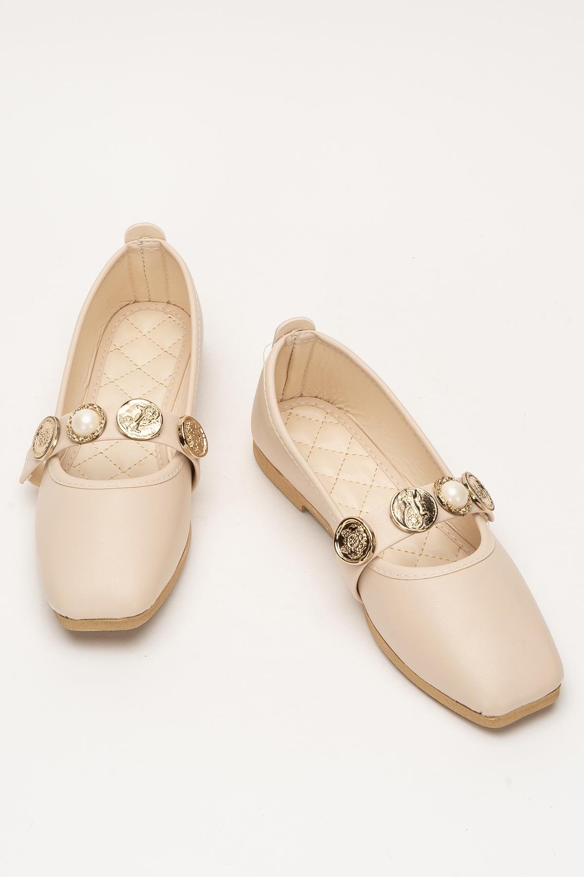 Kadın İnci ve Mühür Aksesuar Bantlı Babet KREM - Görsel 7