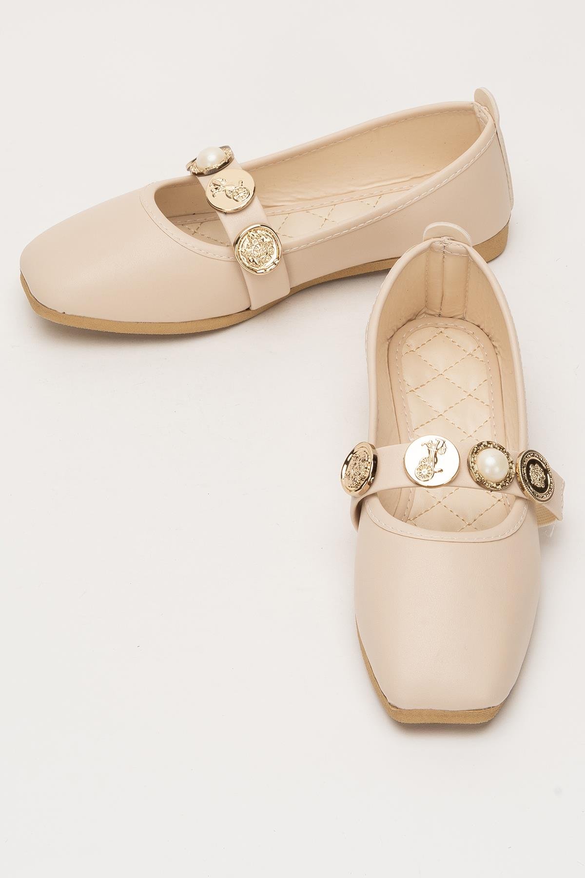 Kadın İnci ve Mühür Aksesuar Bantlı Babet KREM - Görsel 8