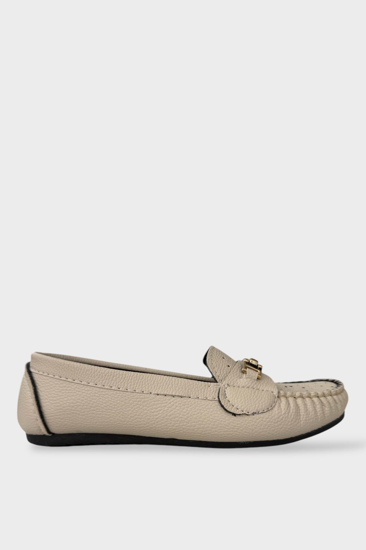 Kadın Delikli Tokalı Babet Ayakkabı KREM - Görsel 2