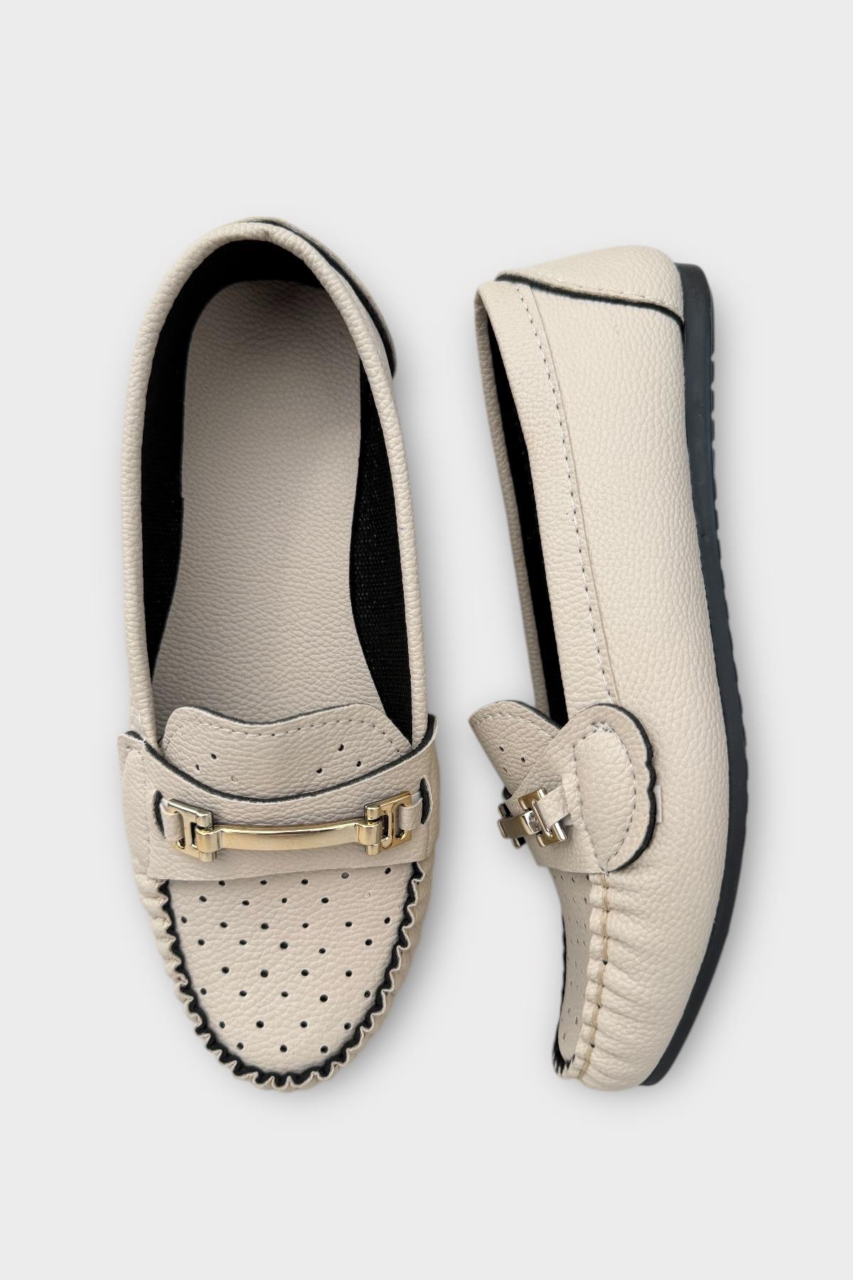 Kadın Delikli Tokalı Babet Ayakkabı KREM - Görsel 7