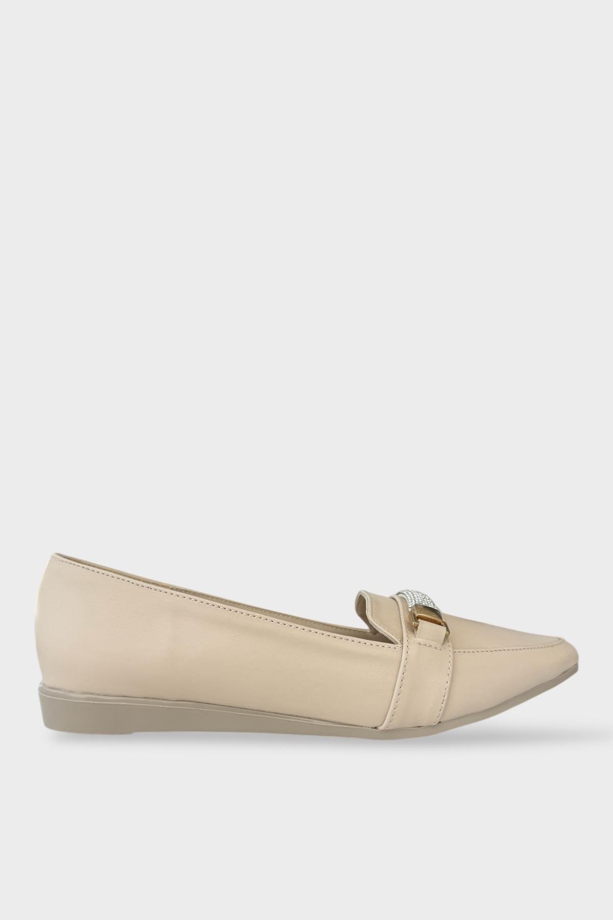 Kadın Taş Detay Sivri Burun Babet Ayakkabı BEJ - Görsel 2