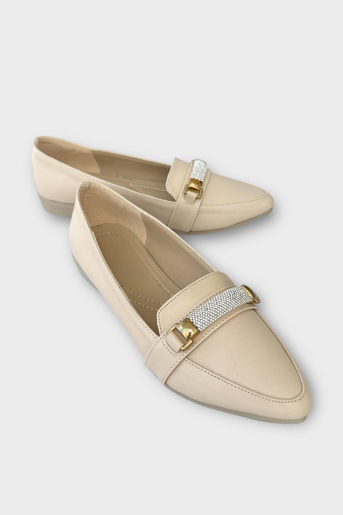 Kadın Taş Detay Sivri Burun Babet Ayakkabı BEJ - Görsel 3