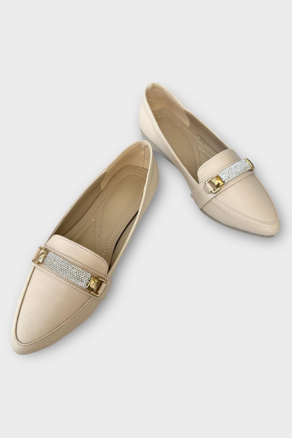 Kadın Taş Detay Sivri Burun Babet Ayakkabı BEJ - Görsel 4