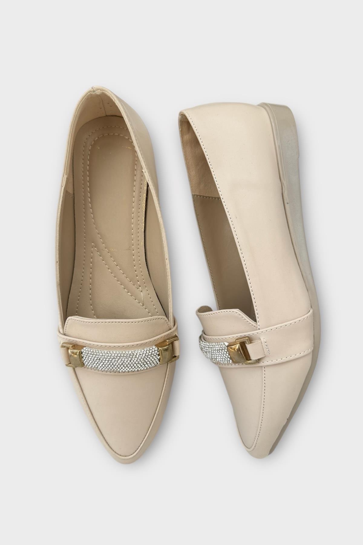 Kadın Taş Detay Sivri Burun Babet Ayakkabı BEJ - Görsel 6