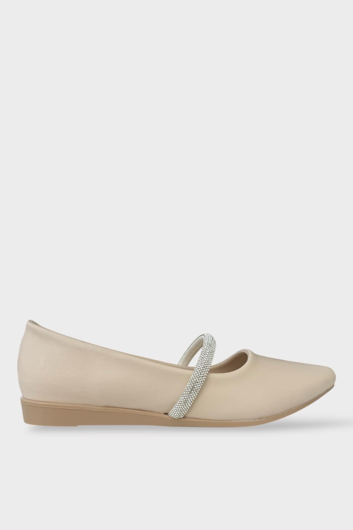 Kadın Bantlı Taş Detay Babet Ayakkabı BEJ - Görsel 2