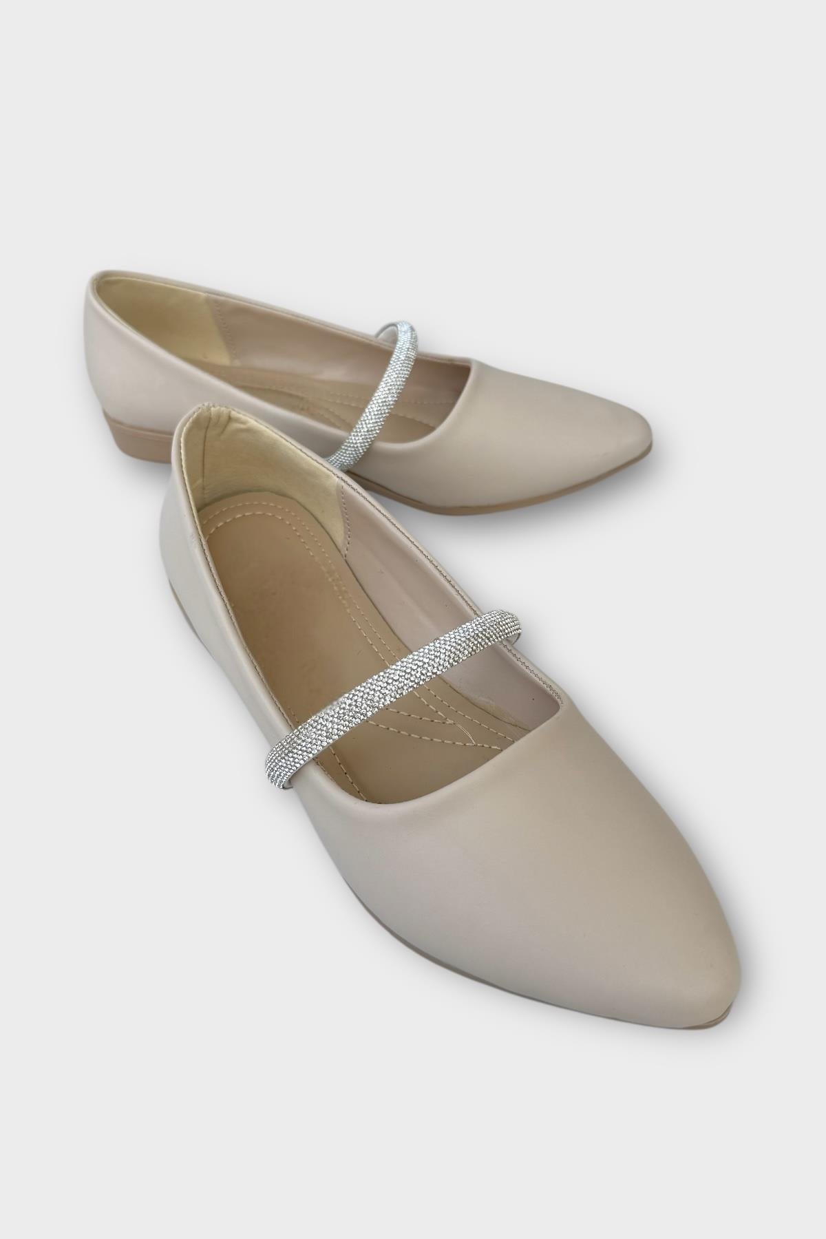 Kadın Bantlı Taş Detay Babet Ayakkabı BEJ - Görsel 3