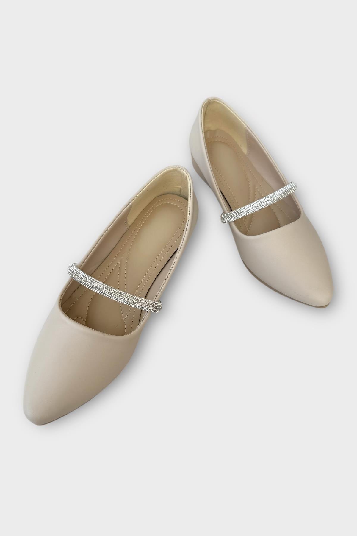 Kadın Bantlı Taş Detay Babet Ayakkabı BEJ - Görsel 4