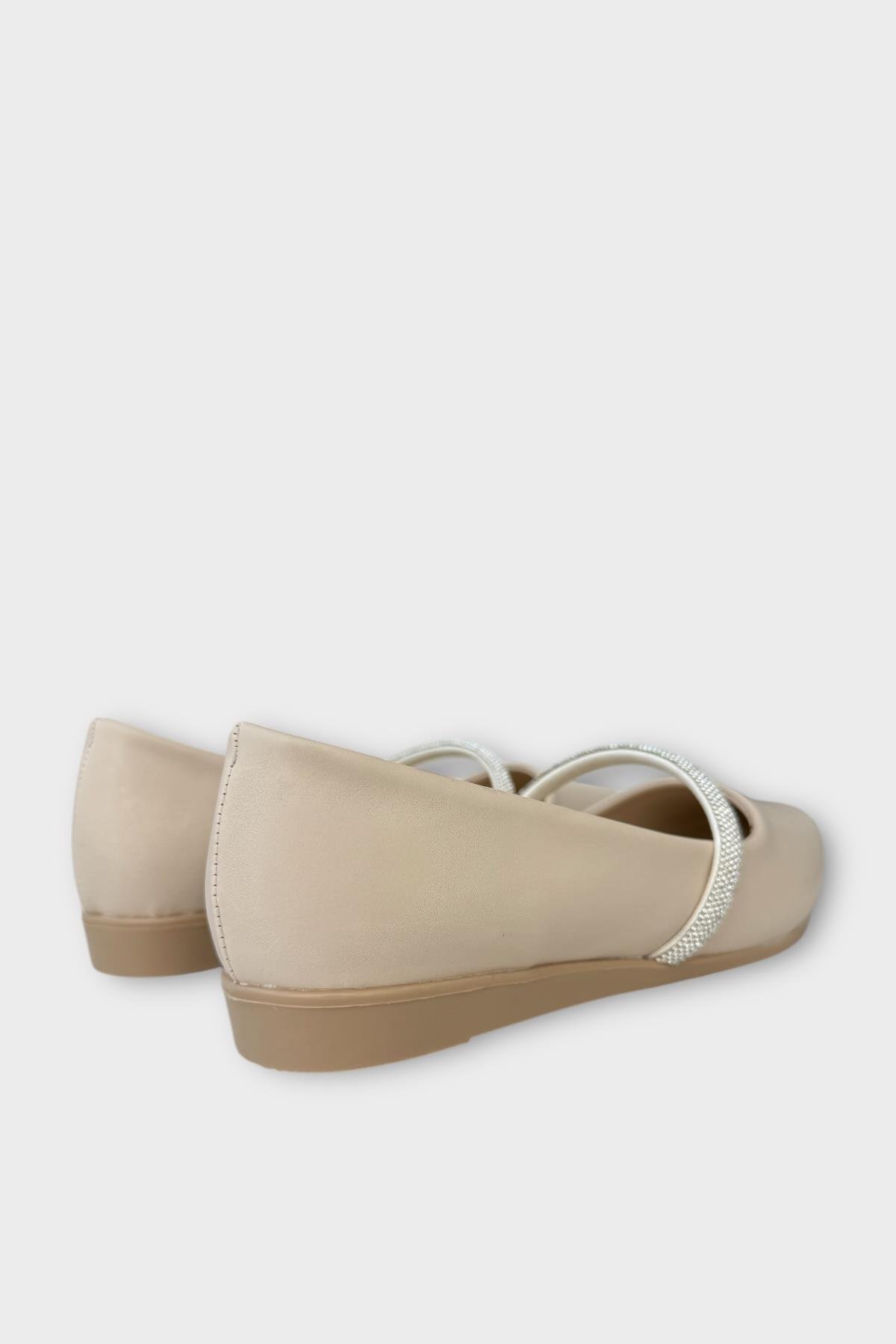 Kadın Bantlı Taş Detay Babet Ayakkabı BEJ - Görsel 5