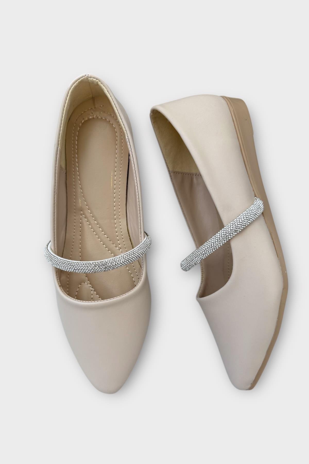 Kadın Bantlı Taş Detay Babet Ayakkabı BEJ - Görsel 6