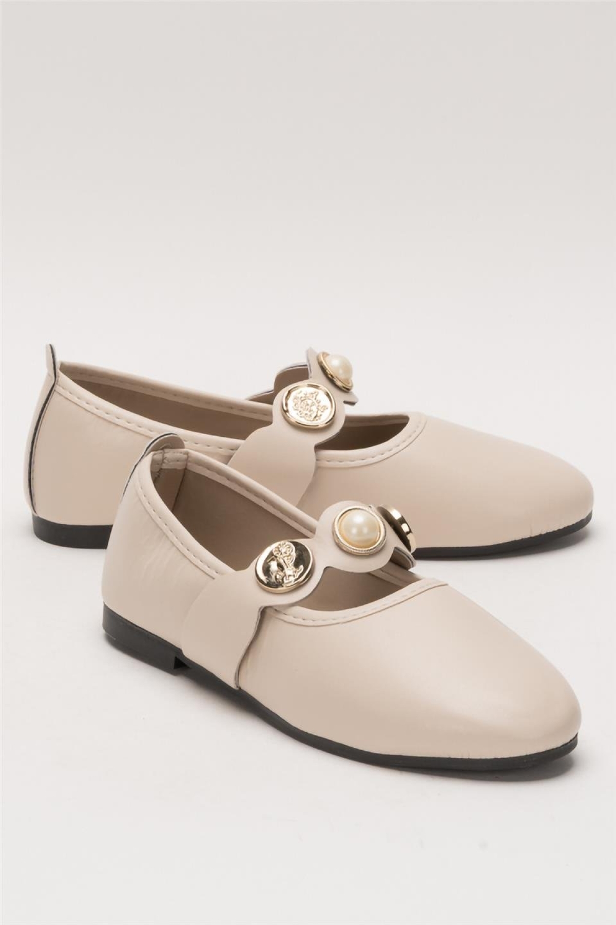 Kadın Oval Burun Aksesuar Bantlı Babet Ayakkabı BEJ - Görsel 3