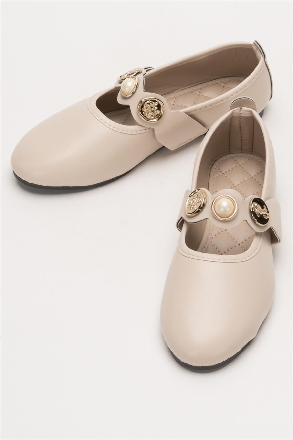 Kadın Oval Burun Aksesuar Bantlı Babet Ayakkabı BEJ - Görsel 8