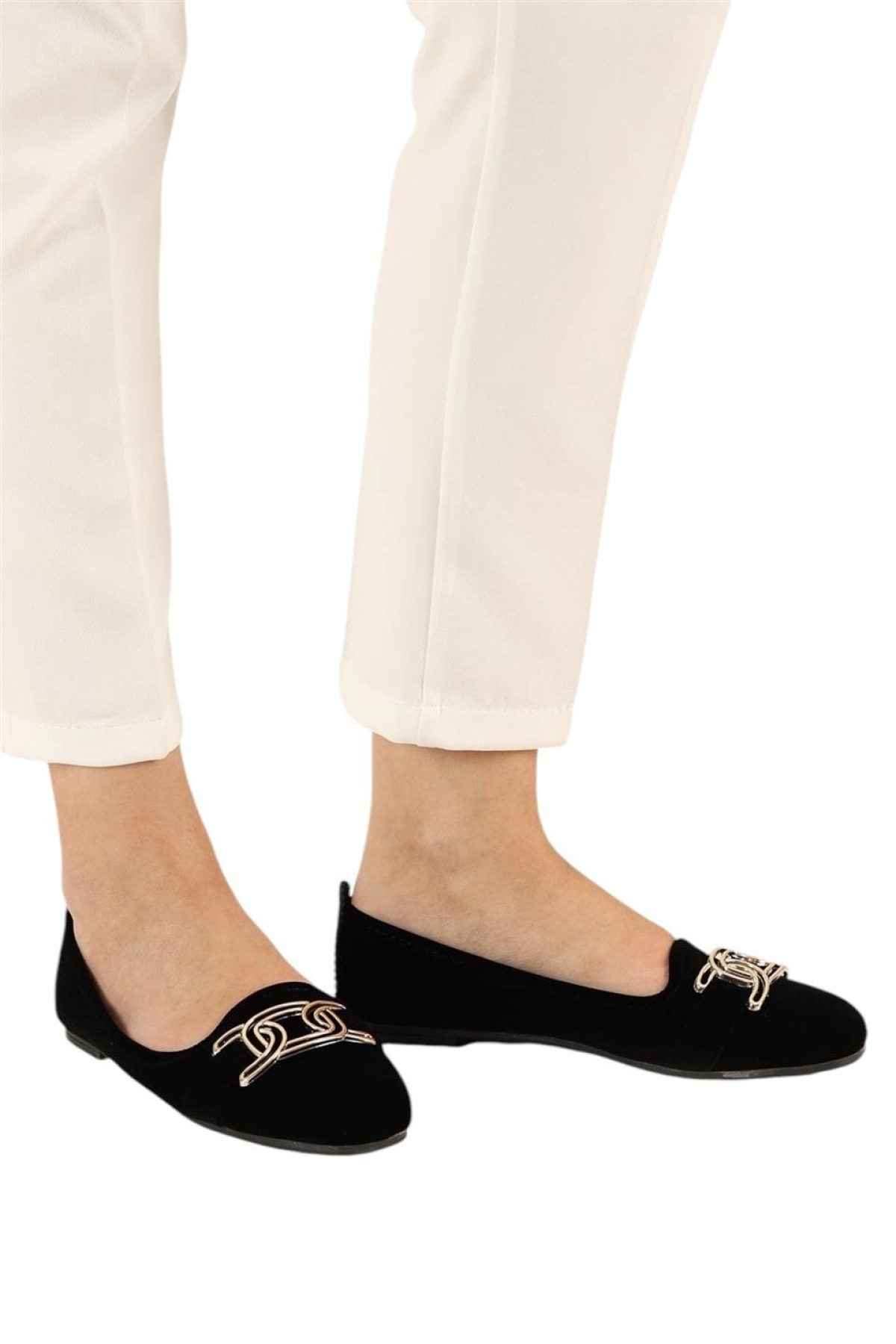 Süet Tokalı Ev Ayakkabısı Günlük Kadın Babet SİYAH - ALTIN - Görsel 4