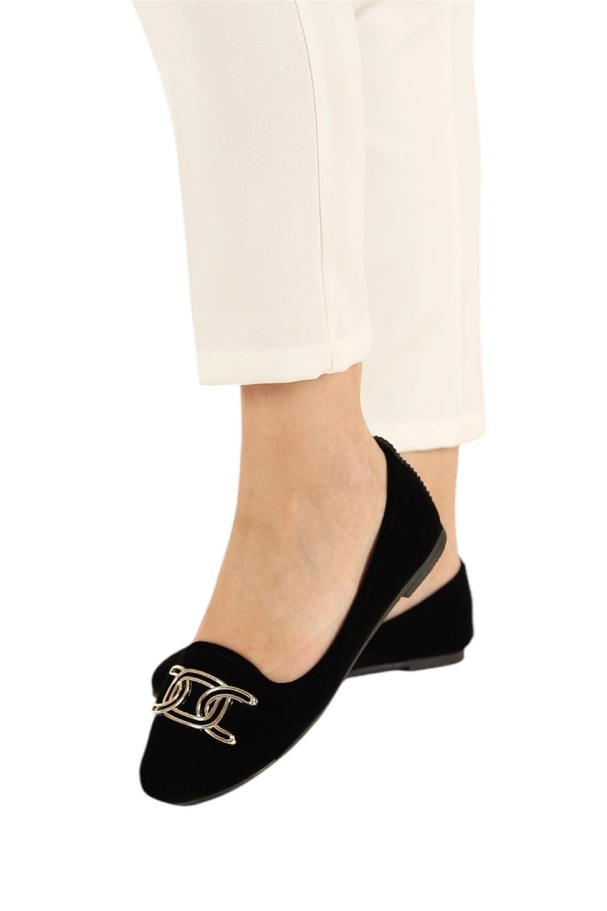 Süet Tokalı Ev Ayakkabısı Günlük Kadın Babet SİYAH - ALTIN - Görsel 5