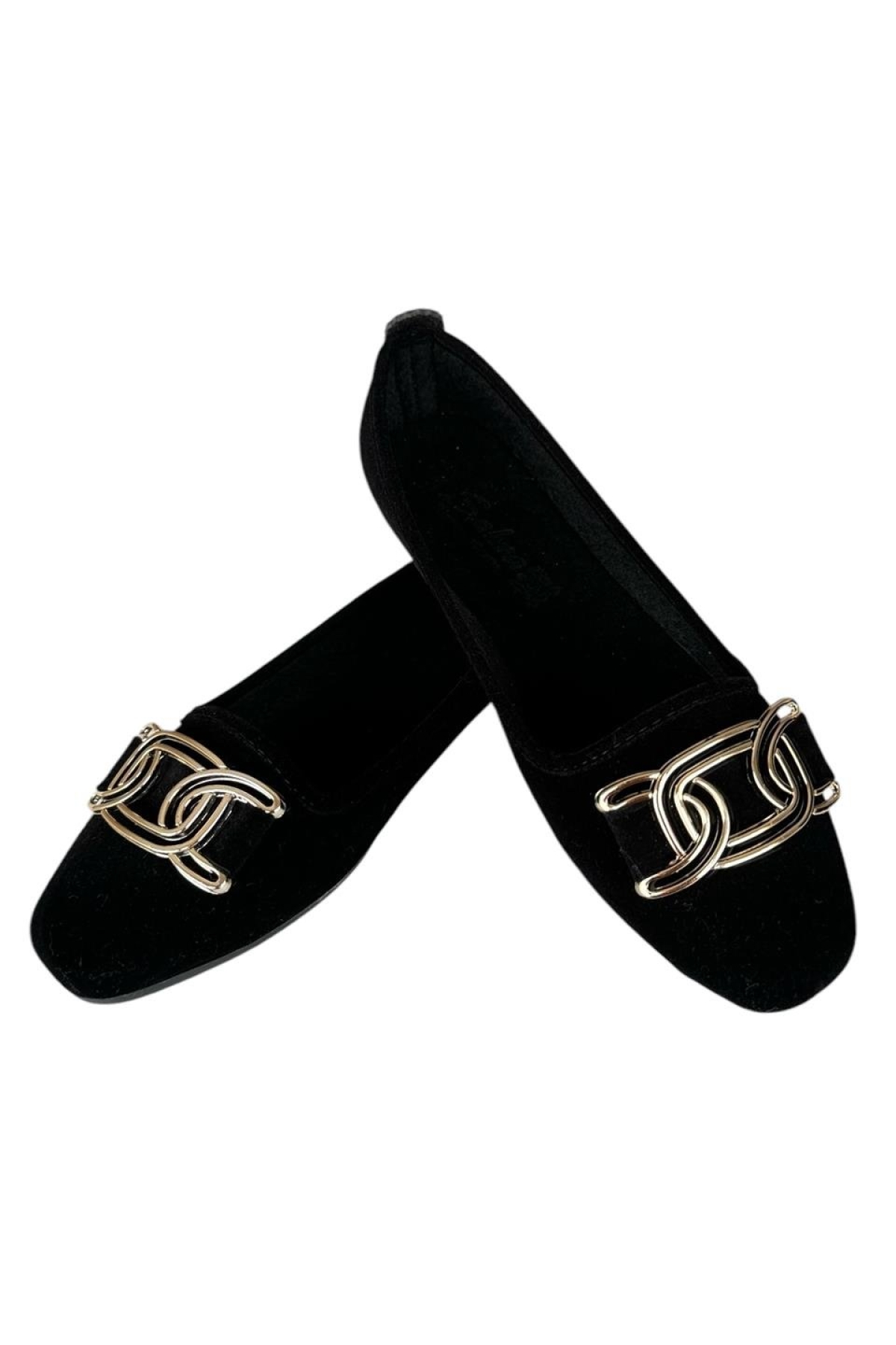 Süet Tokalı Ev Ayakkabısı Günlük Kadın Babet SİYAH - ALTIN - Görsel 6