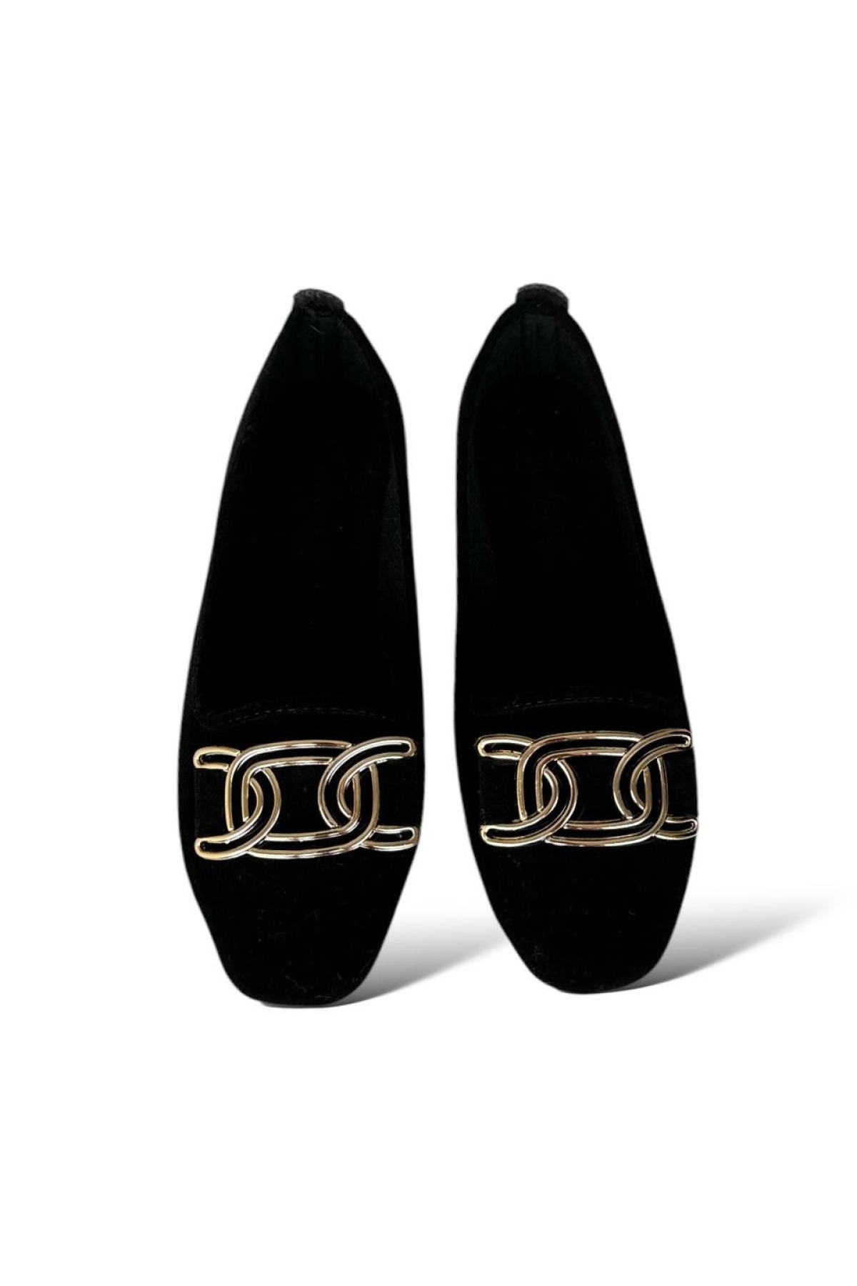 Süet Tokalı Ev Ayakkabısı Günlük Kadın Babet SİYAH - ALTIN - Görsel 7