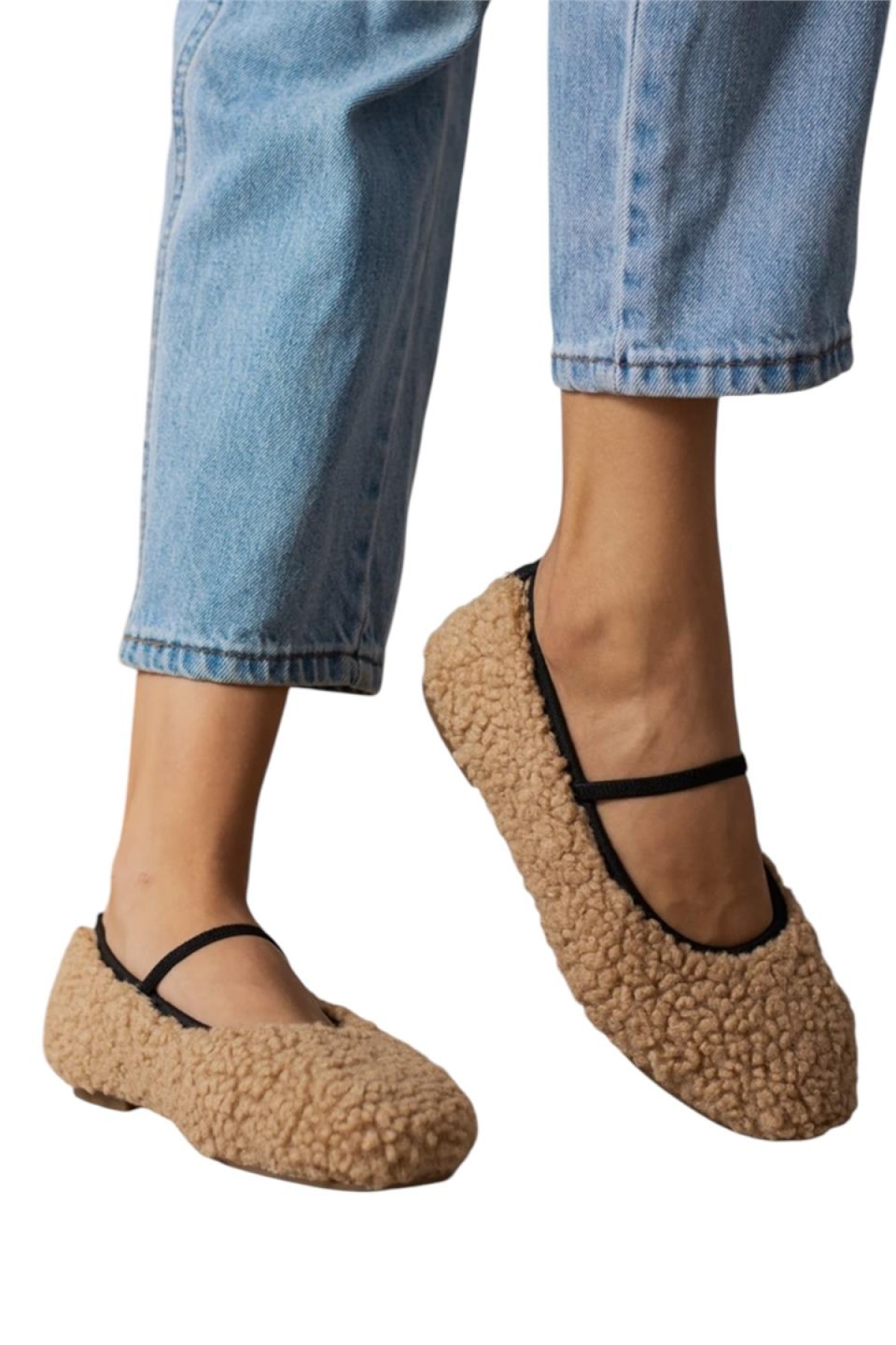 Peluş Lastik Detay Düz TabanKadın Babet VİZON - Görsel 4