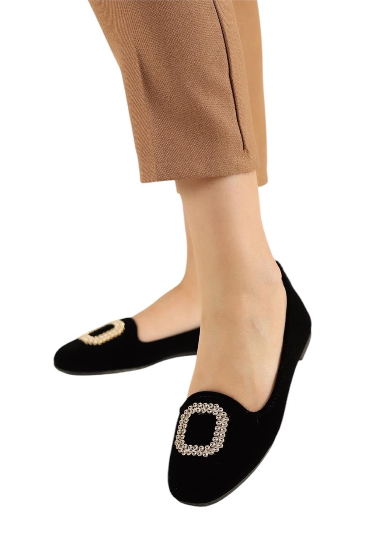 Kadın Taşlı Tokalı Süet Babet SİYAH - ALTIN - Görsel 2
