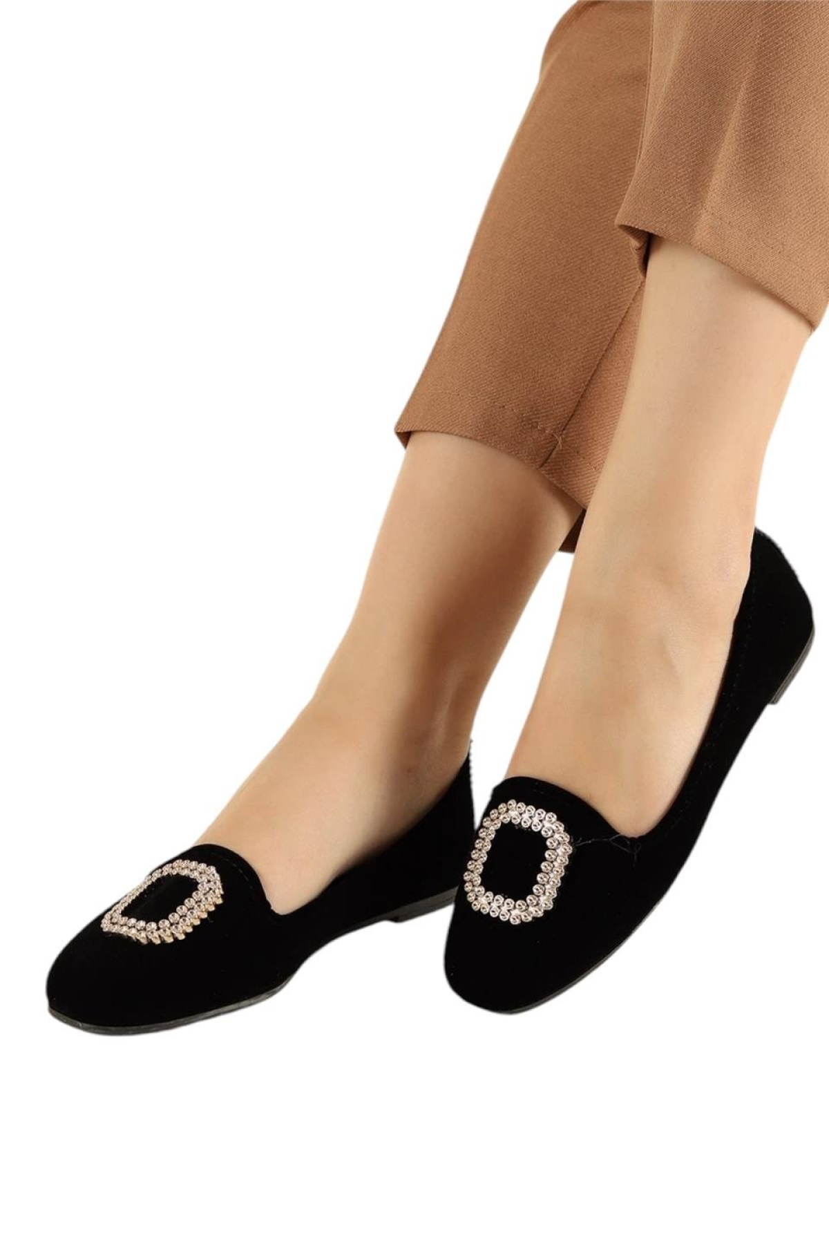 Kadın Taşlı Tokalı Süet Babet SİYAH - ALTIN - Görsel 4