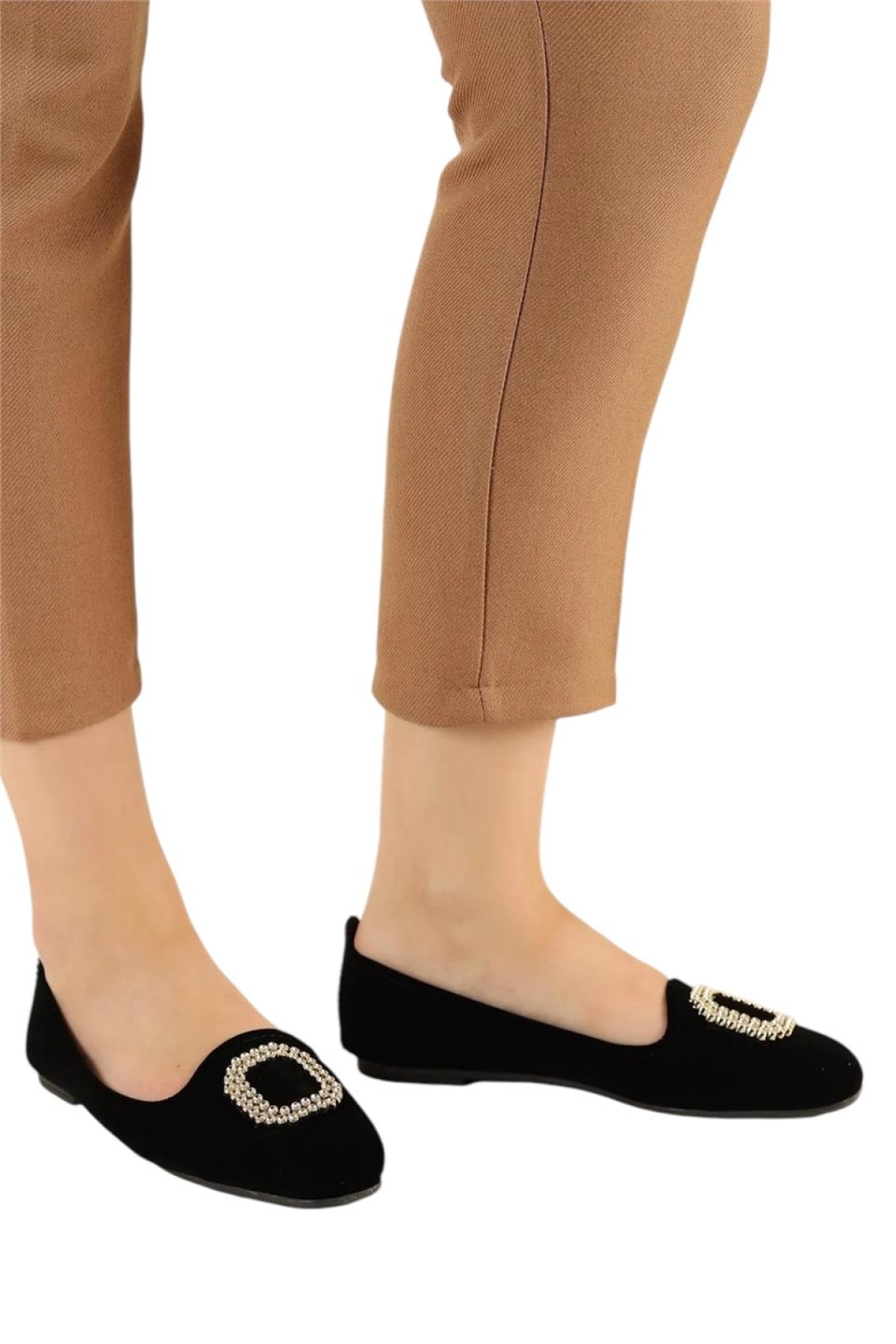 Kadın Taşlı Tokalı Süet Babet SİYAH - ALTIN - Görsel 5