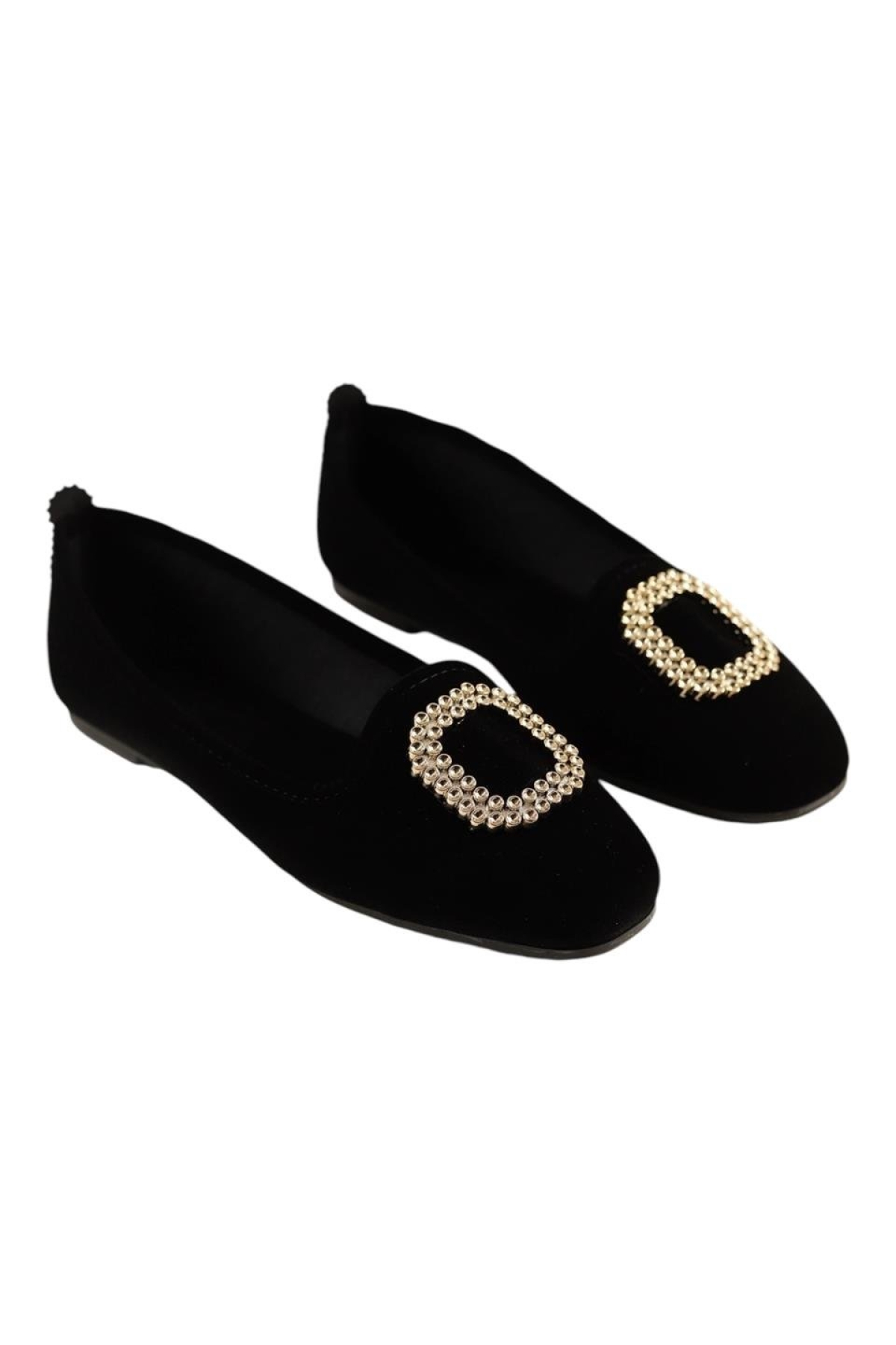 Kadın Taşlı Tokalı Süet Babet SİYAH - ALTIN - Görsel 8