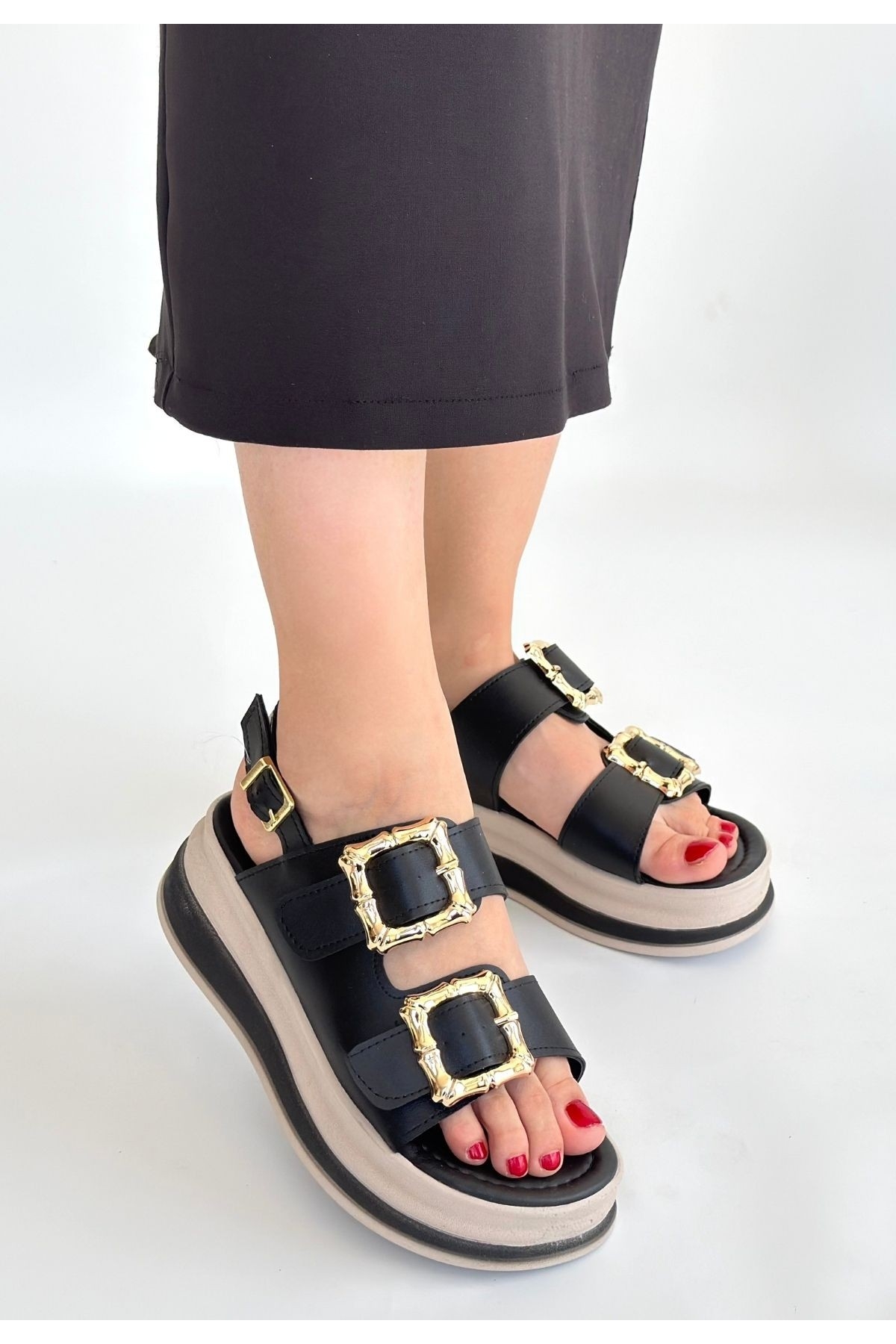Siyah Suni Deri Kadın Düz Sandalet - Görsel 2