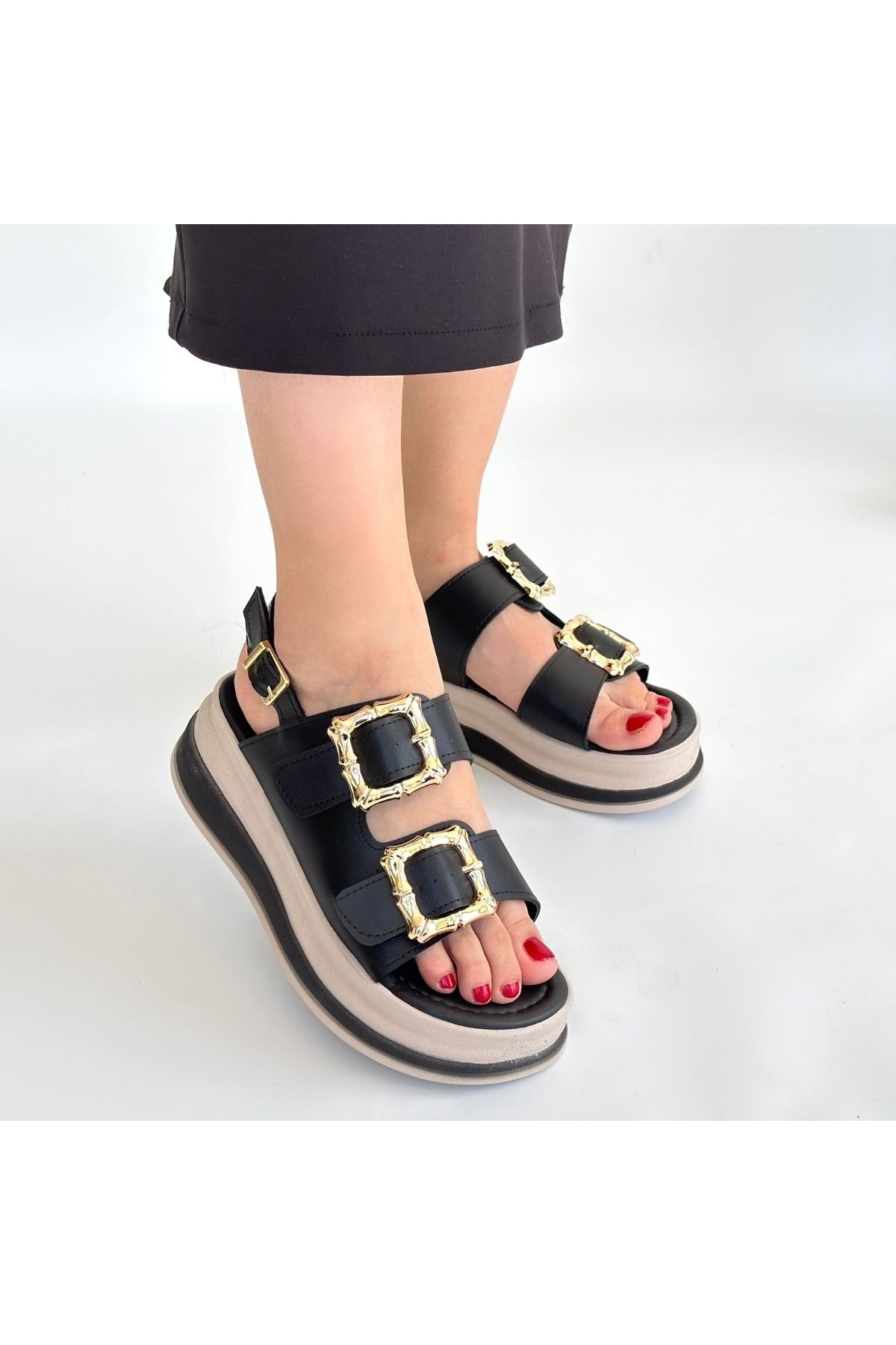 Siyah Suni Deri Kadın Düz Sandalet - Görsel 5