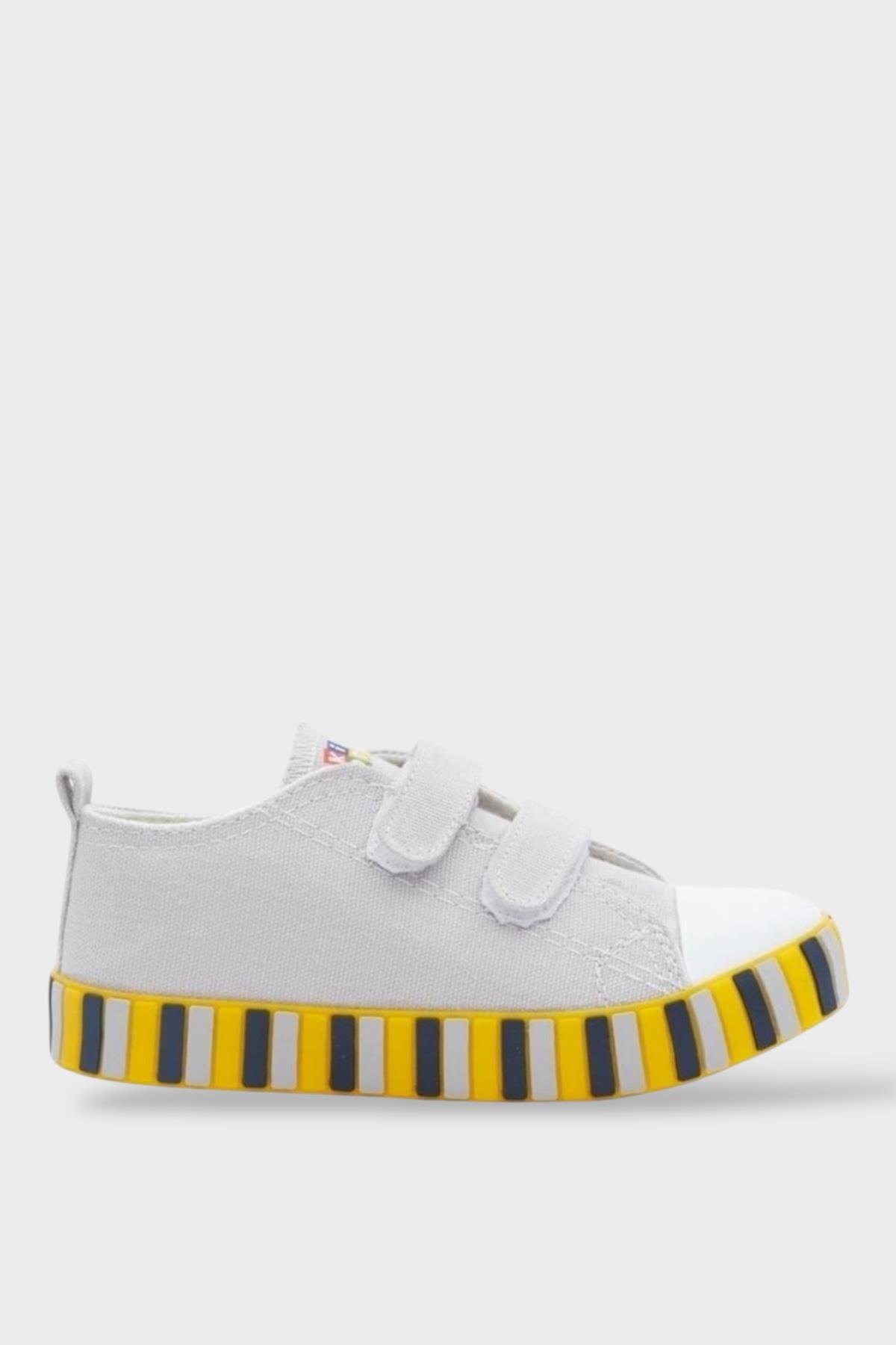 Unisex Çocuk Keten Kısa Convers Modeli Cırtlı Sneaker Spor Ayakkabı (26-30) GRİ - SARI - Görsel 2