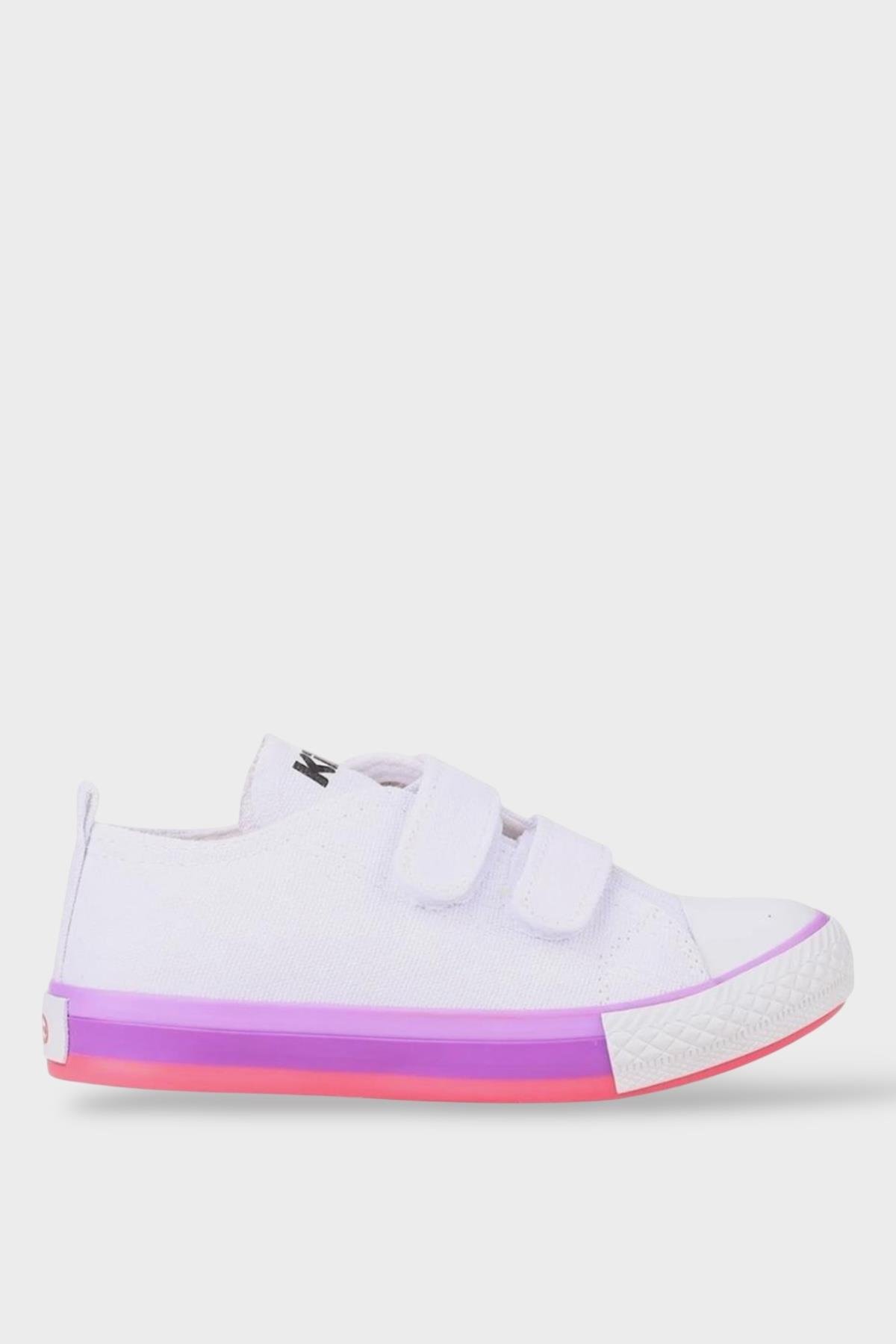 Unisex Çocuk Keten Kısa Convers Modeli Cırtlı Sneaker Spor Ayakkabı (26-30) BEYAZ - LİLA - Görsel 2