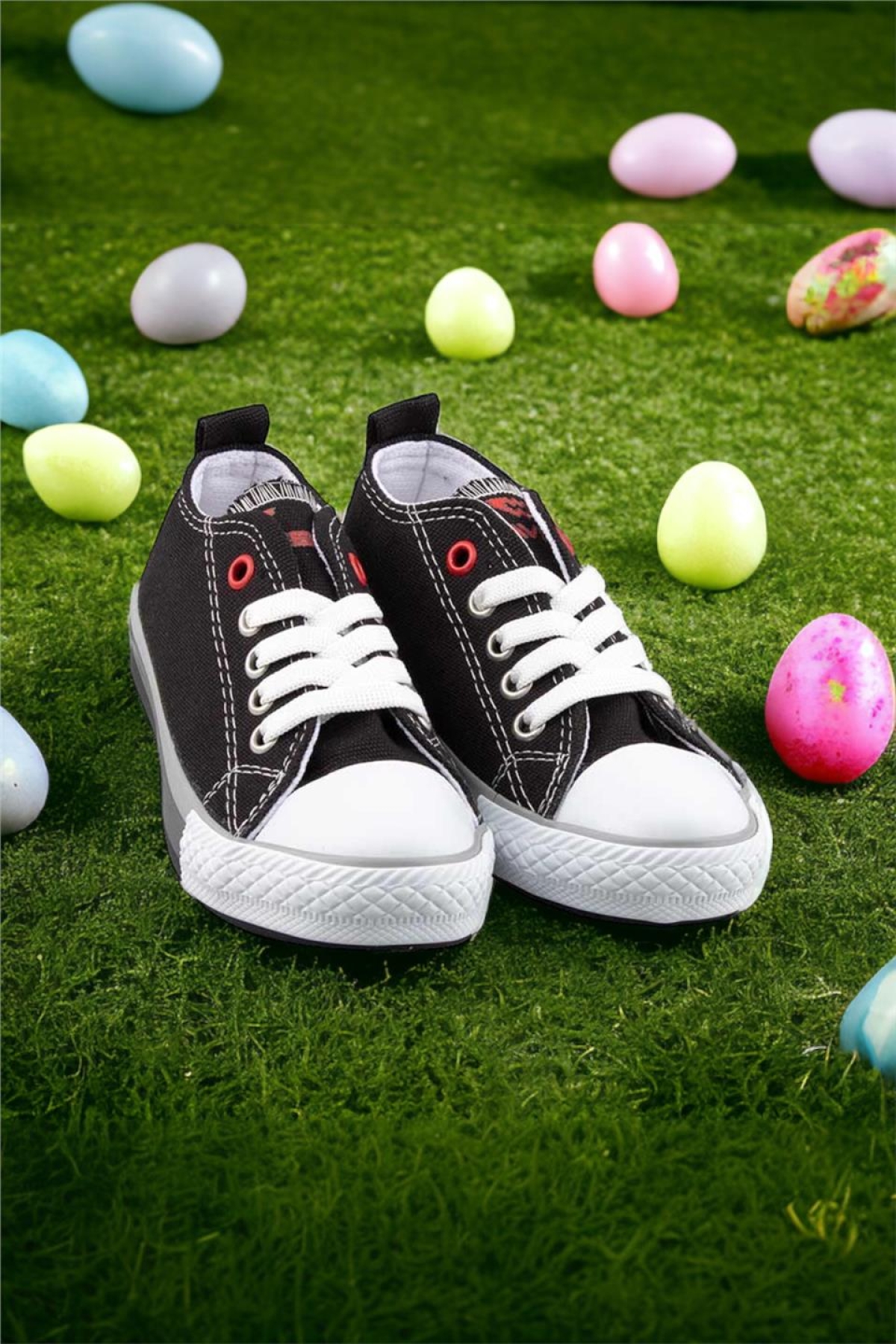 Unisex Erkek Kız Çocuk Keten Kısa Convers Modeli Bağcıklı Spor Ayakkabı SİYAH - Görsel 3