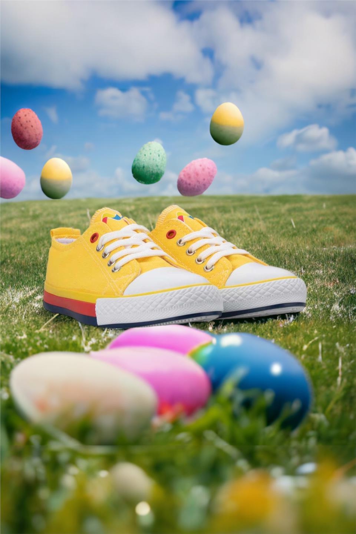 Unisex Erkek Kız Çocuk Keten Kısa Convers Modeli Bağcıklı Spor Ayakkabı SARI - Görsel 3