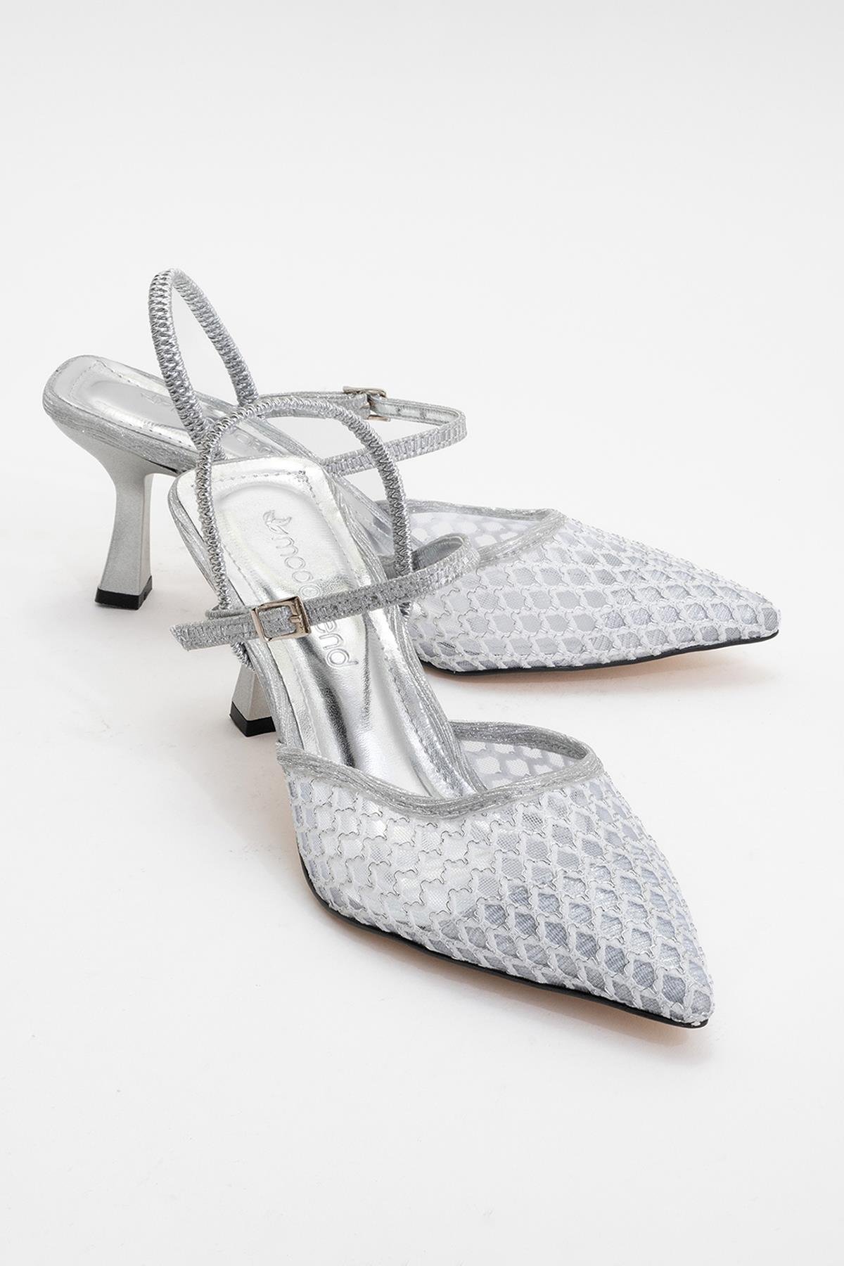 Kadın Arkası Lastikli Fileli Topuklu Ayakkabı GÜMÜŞ - Görsel 2