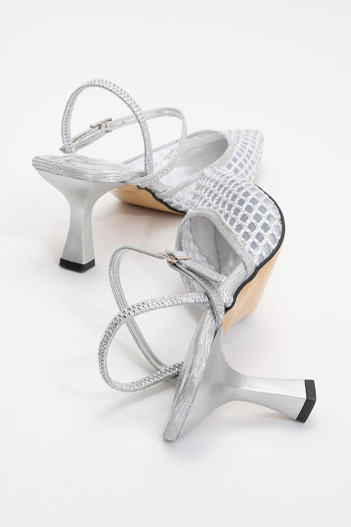 Kadın Arkası Lastikli Fileli Topuklu Ayakkabı GÜMÜŞ - Görsel 5