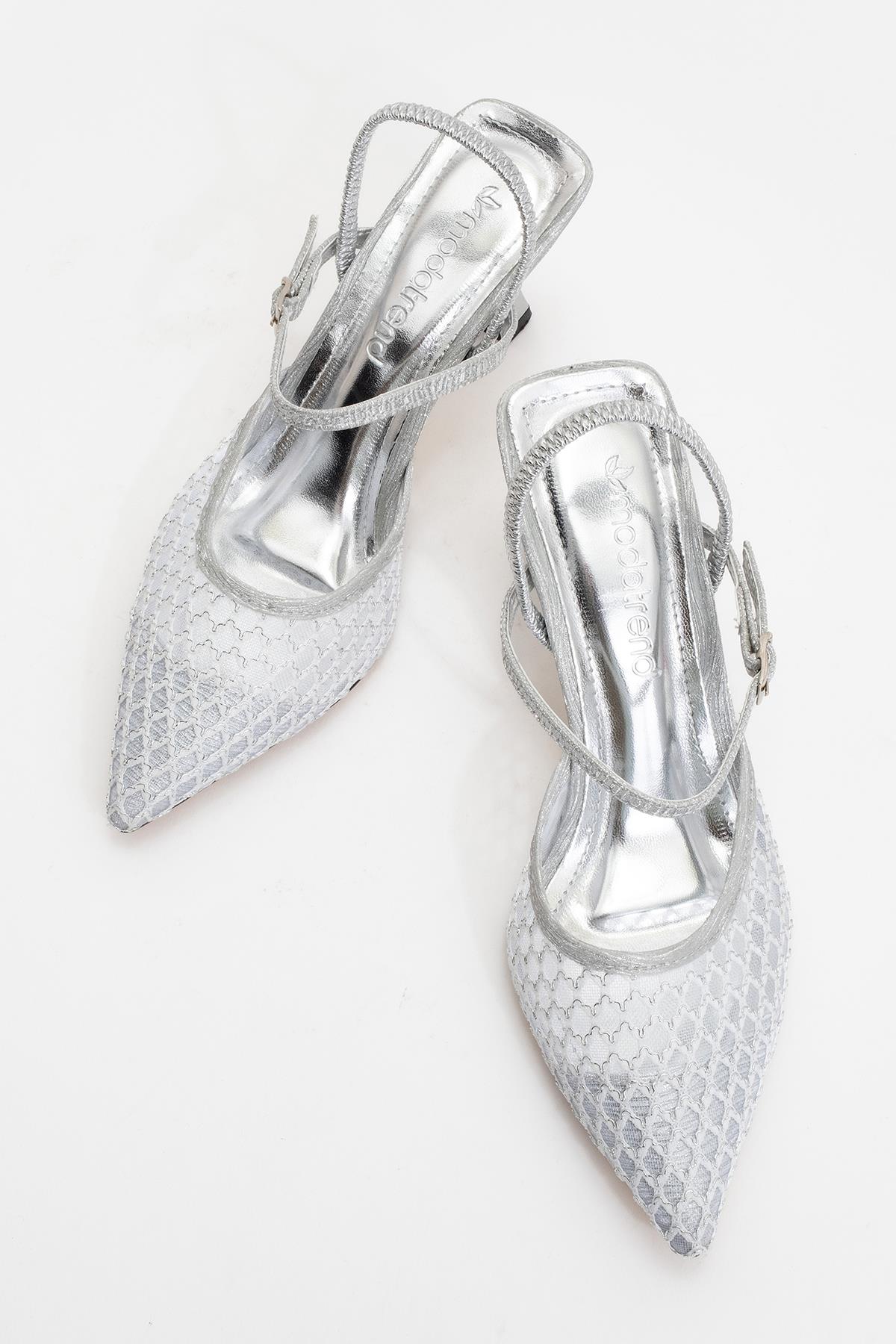 Kadın Arkası Lastikli Fileli Topuklu Ayakkabı GÜMÜŞ - Görsel 6