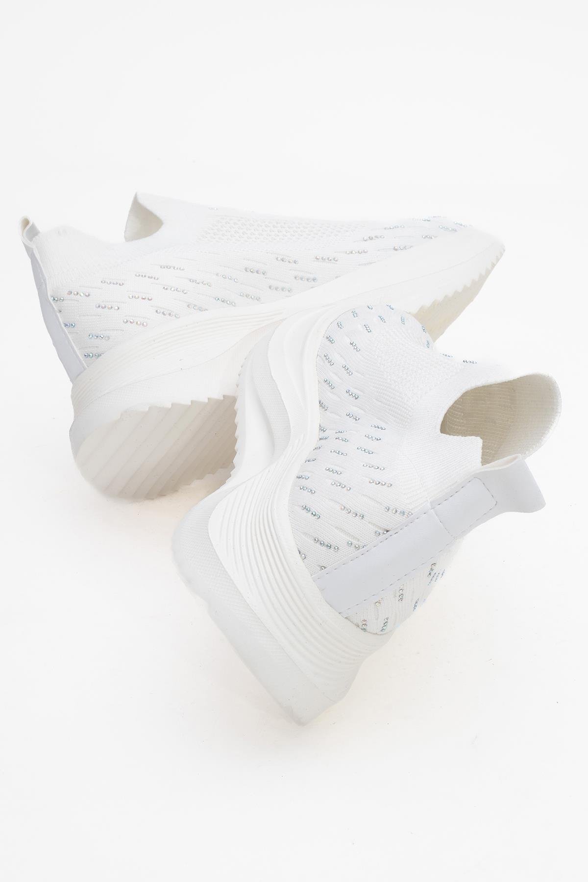 Kadın Triko Taşlı Spor Ayakkabı BEYAZ - Görsel 5