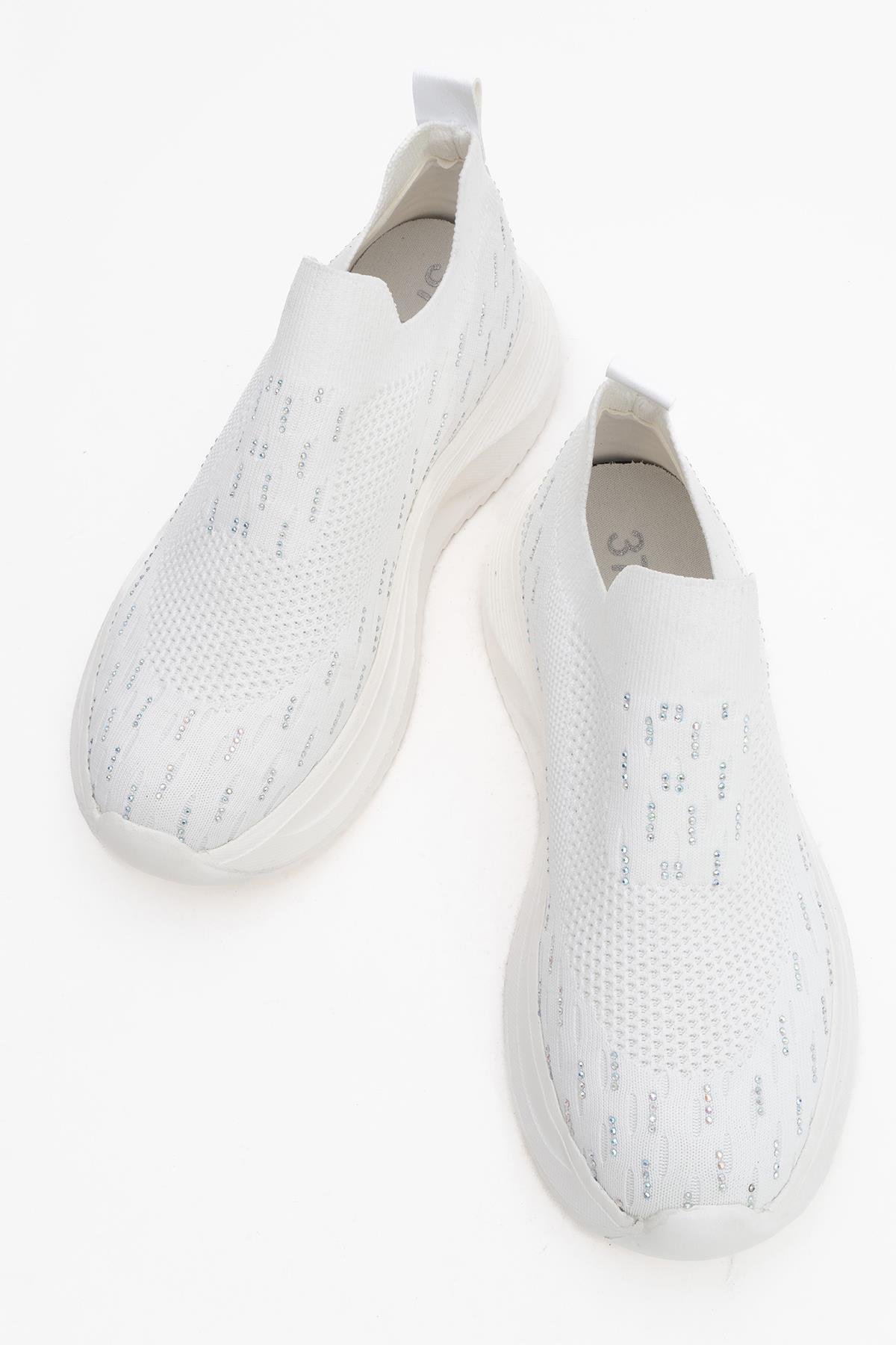 Kadın Triko Taşlı Spor Ayakkabı BEYAZ - Görsel 6