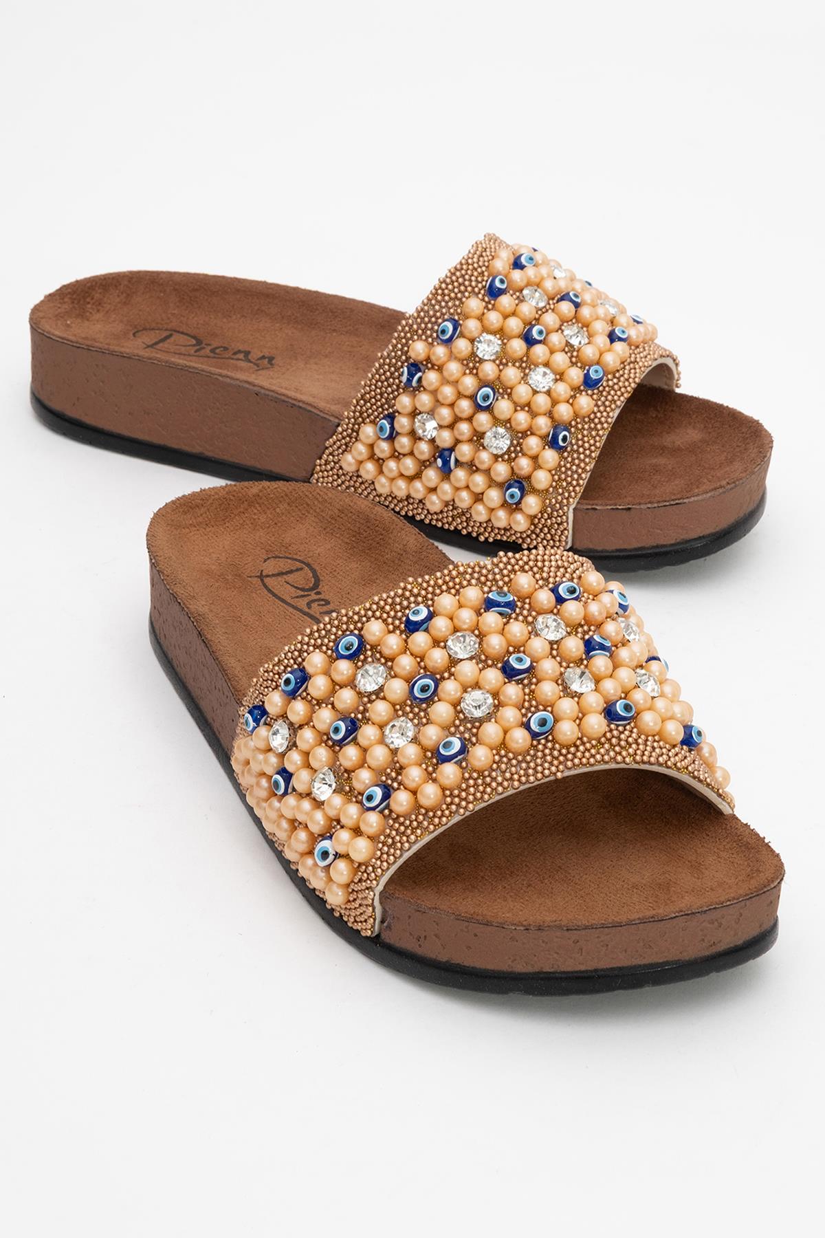 Kadın Boncuklu Düz Terlik BRONZ - Görsel 2