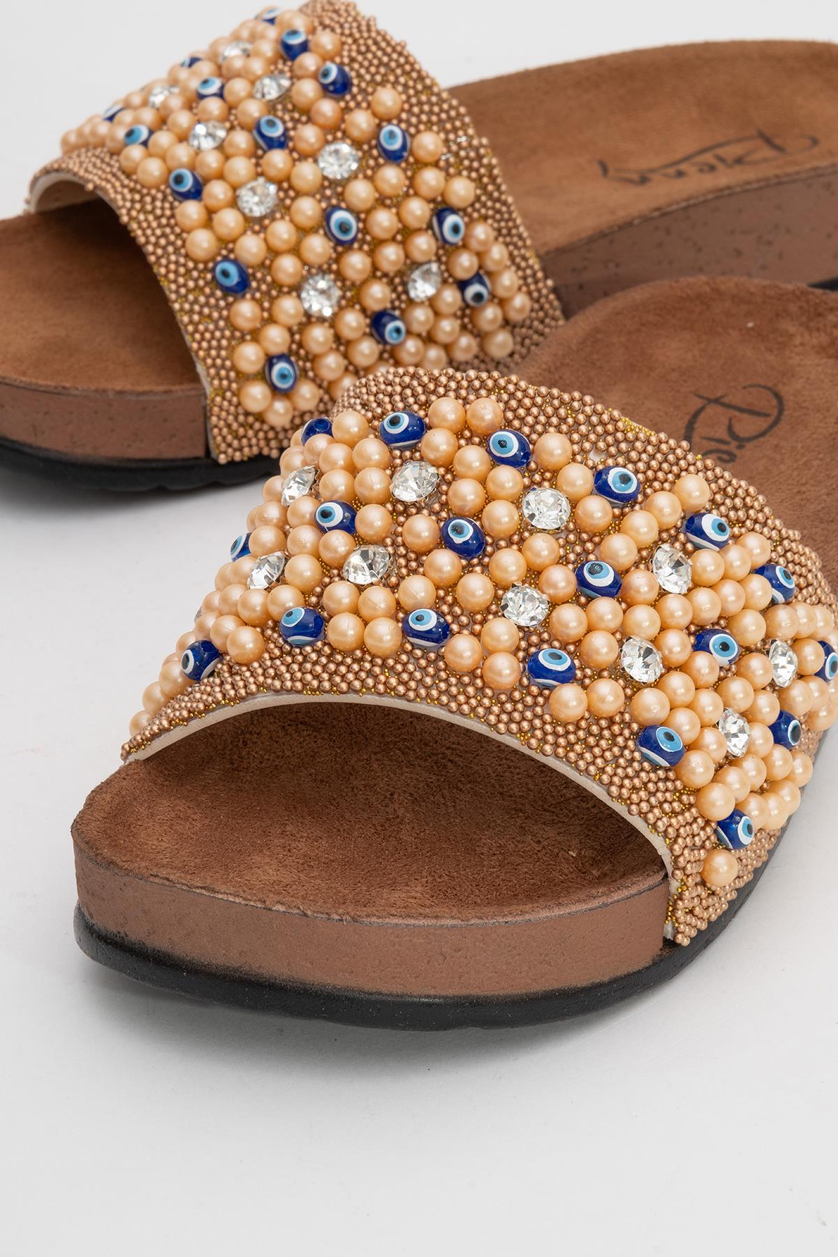 Kadın Boncuklu Düz Terlik BRONZ - Görsel 4