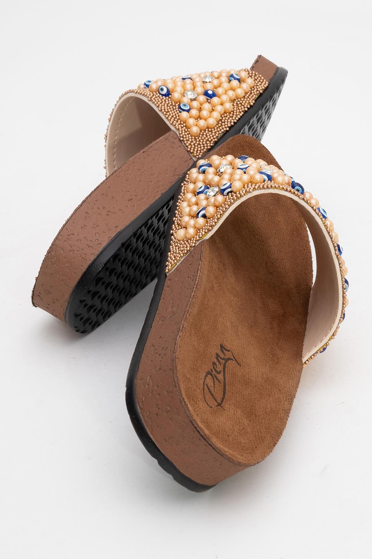 Kadın Boncuklu Düz Terlik BRONZ - Görsel 5