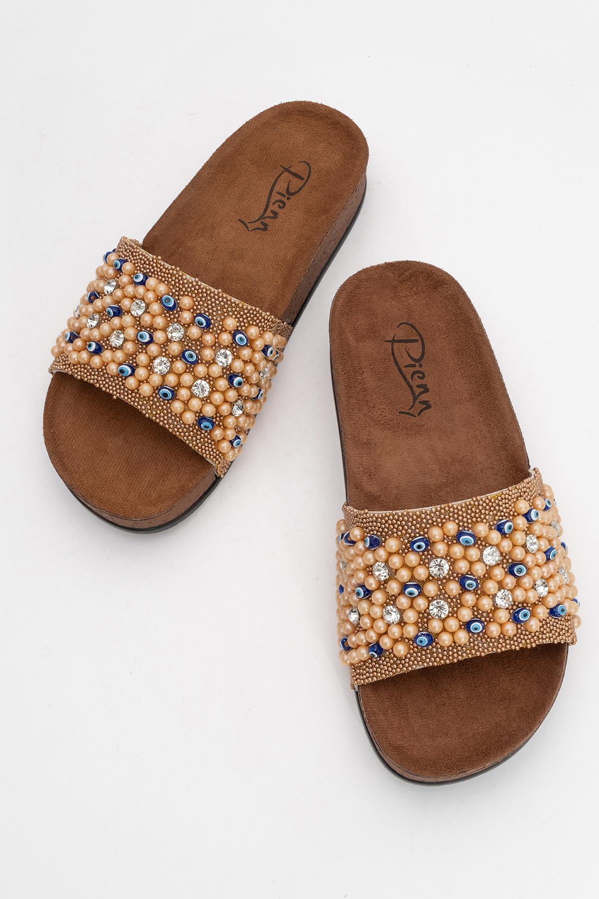 Kadın Boncuklu Düz Terlik BRONZ - Görsel 6