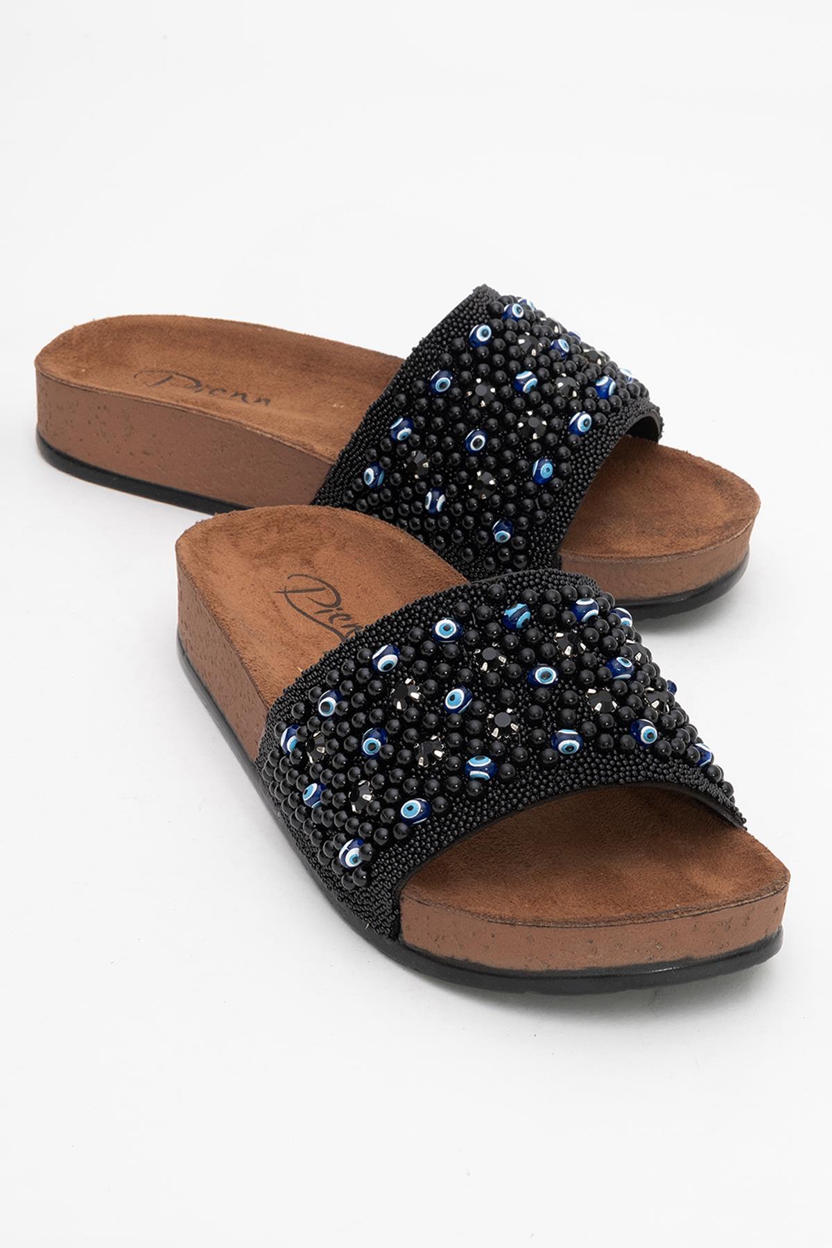 Kadın Boncuklu Düz Terlik SİYAH - Görsel 2