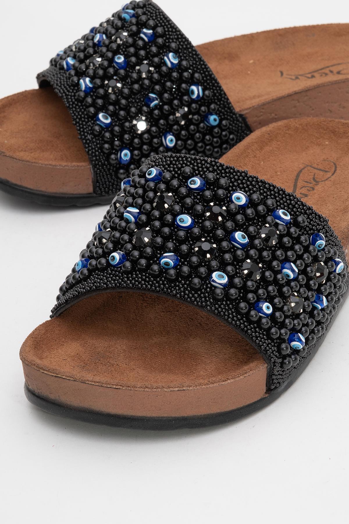 Kadın Boncuklu Düz Terlik SİYAH - Görsel 4