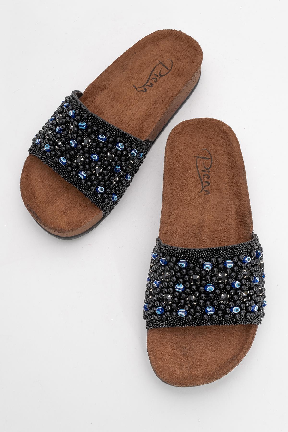 Kadın Boncuklu Düz Terlik SİYAH - Görsel 6