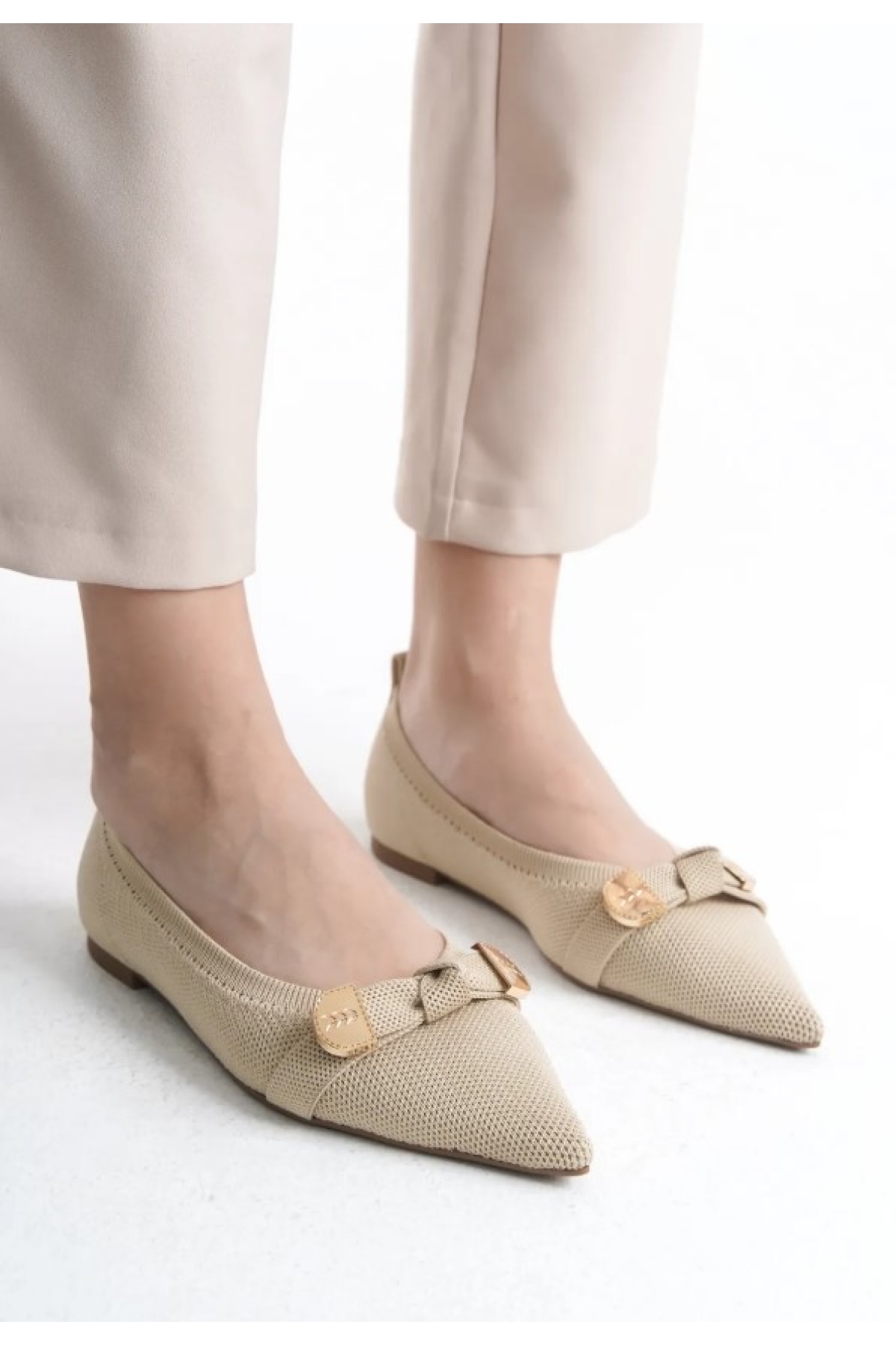 Triko Fiyonk Detaylı Sivri Burun Kadın Babet Ayakkabı - Görsel 2