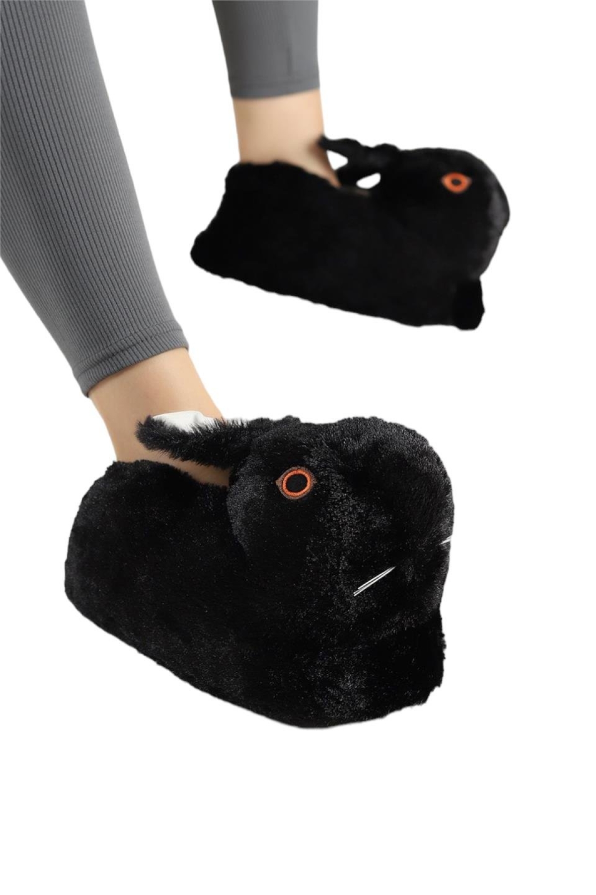 Peluş Tavşan Figürlü Kaymaz ve Ses Yapmaz Ev Panduf SİYAH - Görsel 2