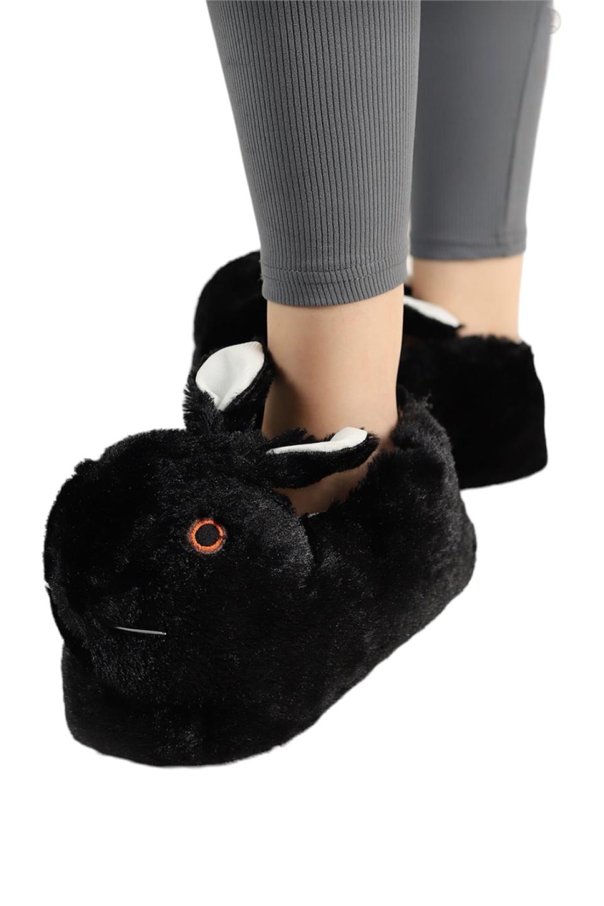 Peluş Tavşan Figürlü Kaymaz ve Ses Yapmaz Ev Panduf SİYAH - Görsel 4