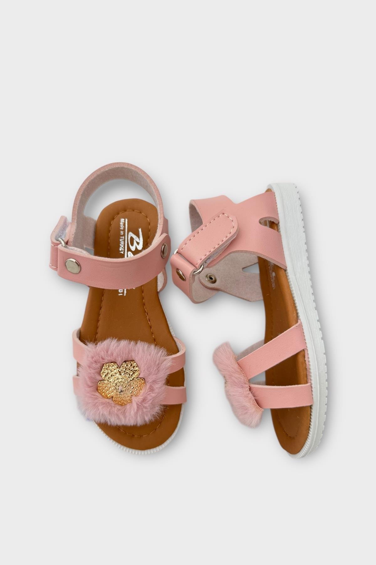 Cırtlı Peluş Fiyonklu Kız Çocuk Sandalet PUDRA - Görsel 2