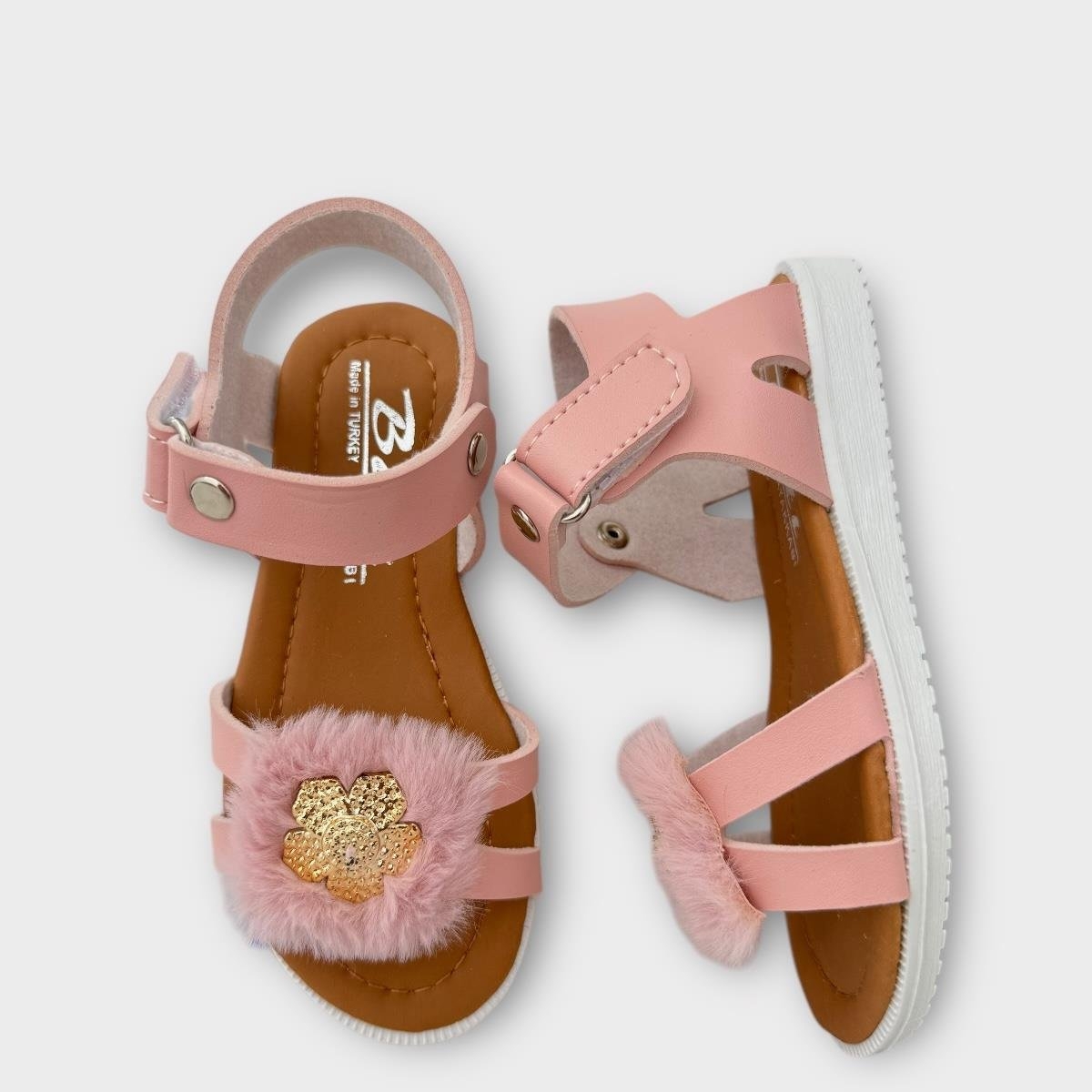 Cırtlı Peluş Fiyonklu Kız Çocuk Sandalet PUDRA - Görsel 3