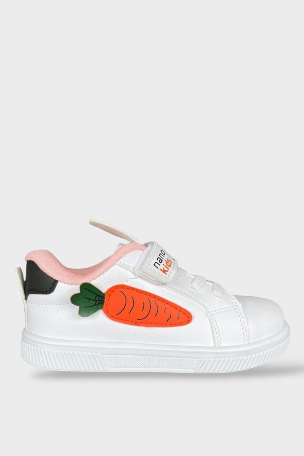 Tavşanlı Bağcıklı Cırtlı Çocuk Spor Ayakkabı BEYAZ - PUDRA - Görsel 2