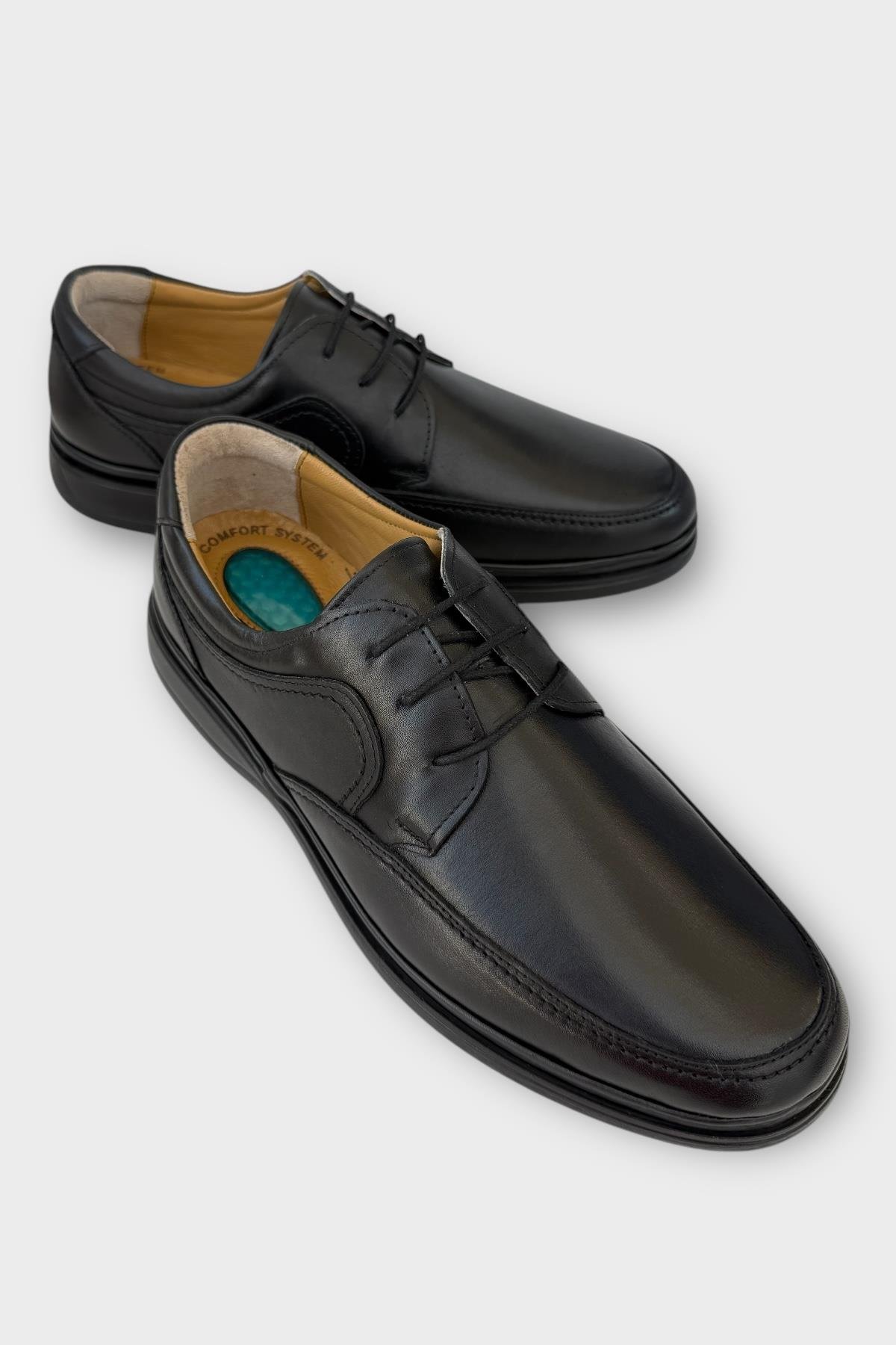 Erkek Bağcıklı Topuk Destekli Konfor Ortopedik İçi Dışı Hakiki Deri Ayakkabı SİYAH - Görsel 3