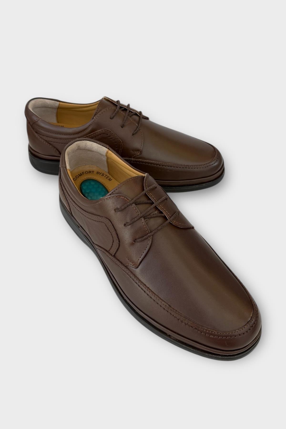 Erkek Bağcıklı Topuk Destekli Konfor Ortopedik İçi Dışı Hakiki Deri Ayakkabı KAHVERENGİ - Görsel 3